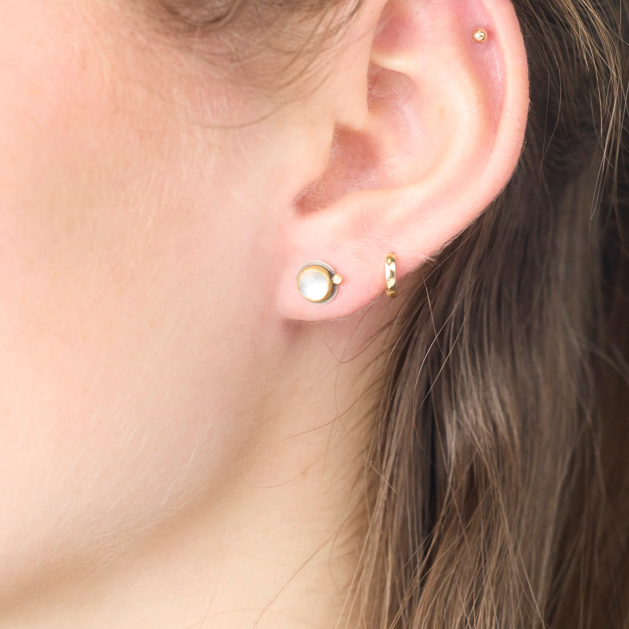 Moonstone Stud Earrings with Diamond Dot - Image 2