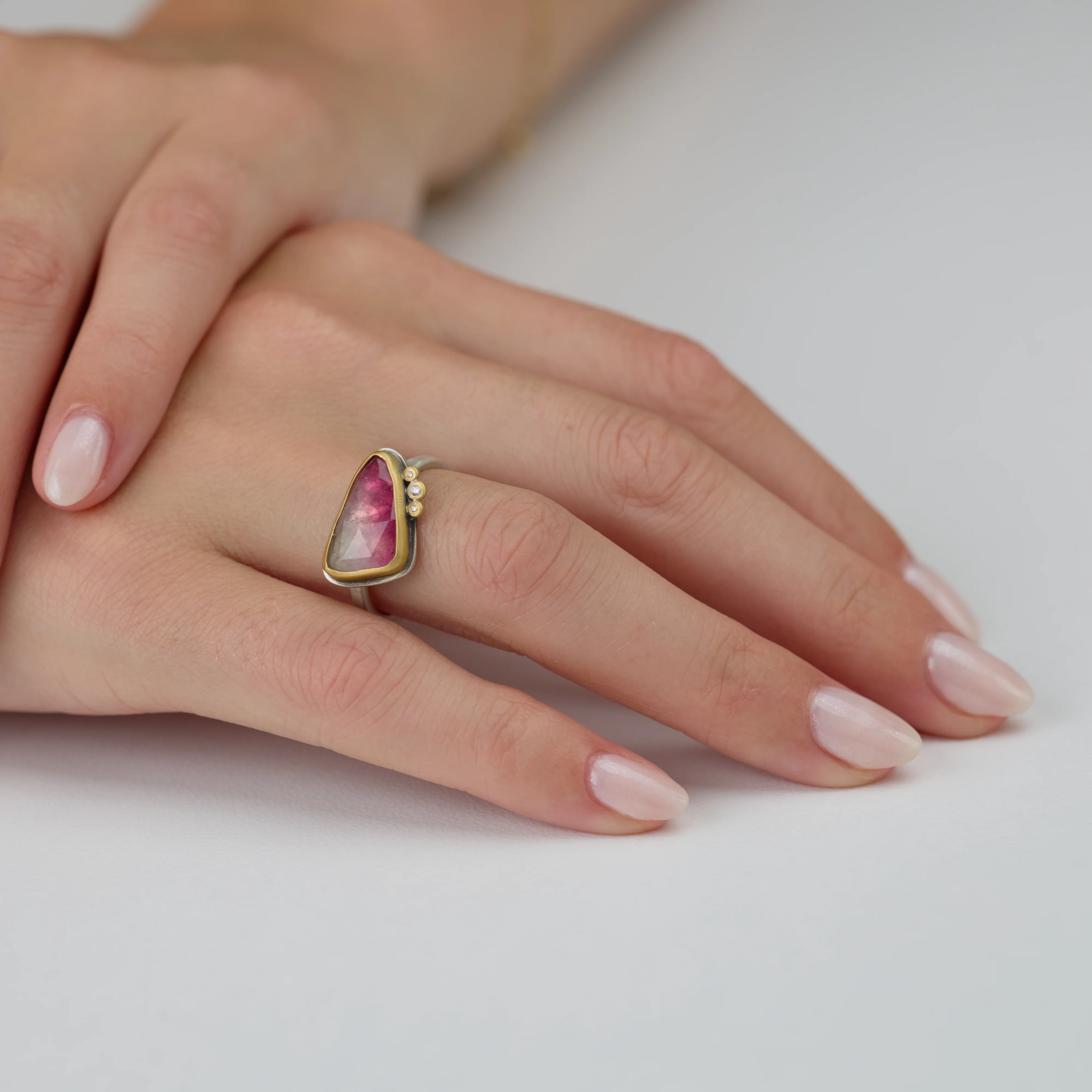 Ombre Pink Tourmaline Ring with Three Diamonds - Image 2