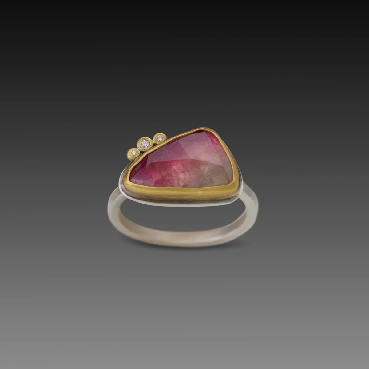 Ombre Pink Tourmaline Ring with Three Diamonds - Image 3