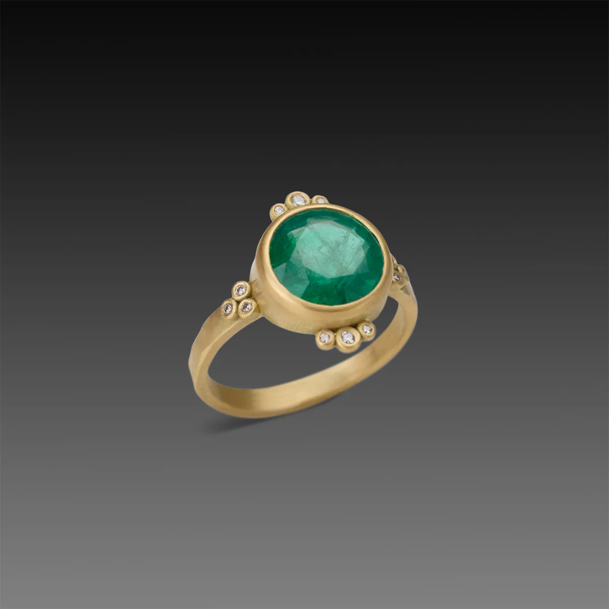 Round Emerald Ring With Diamond Trios - Image 3