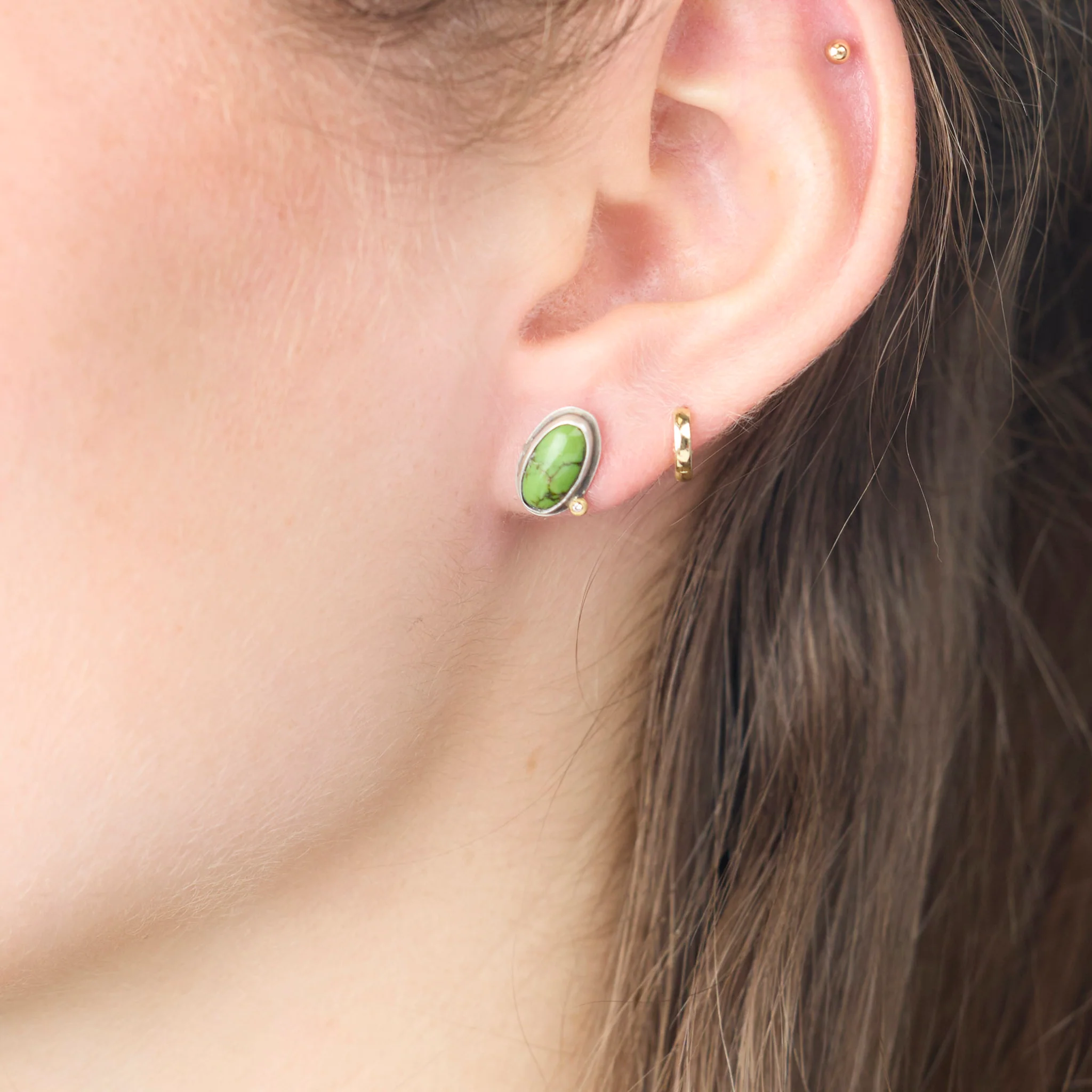 Oval Turquoise Stud Earrings with Diamond Dot - Image 2