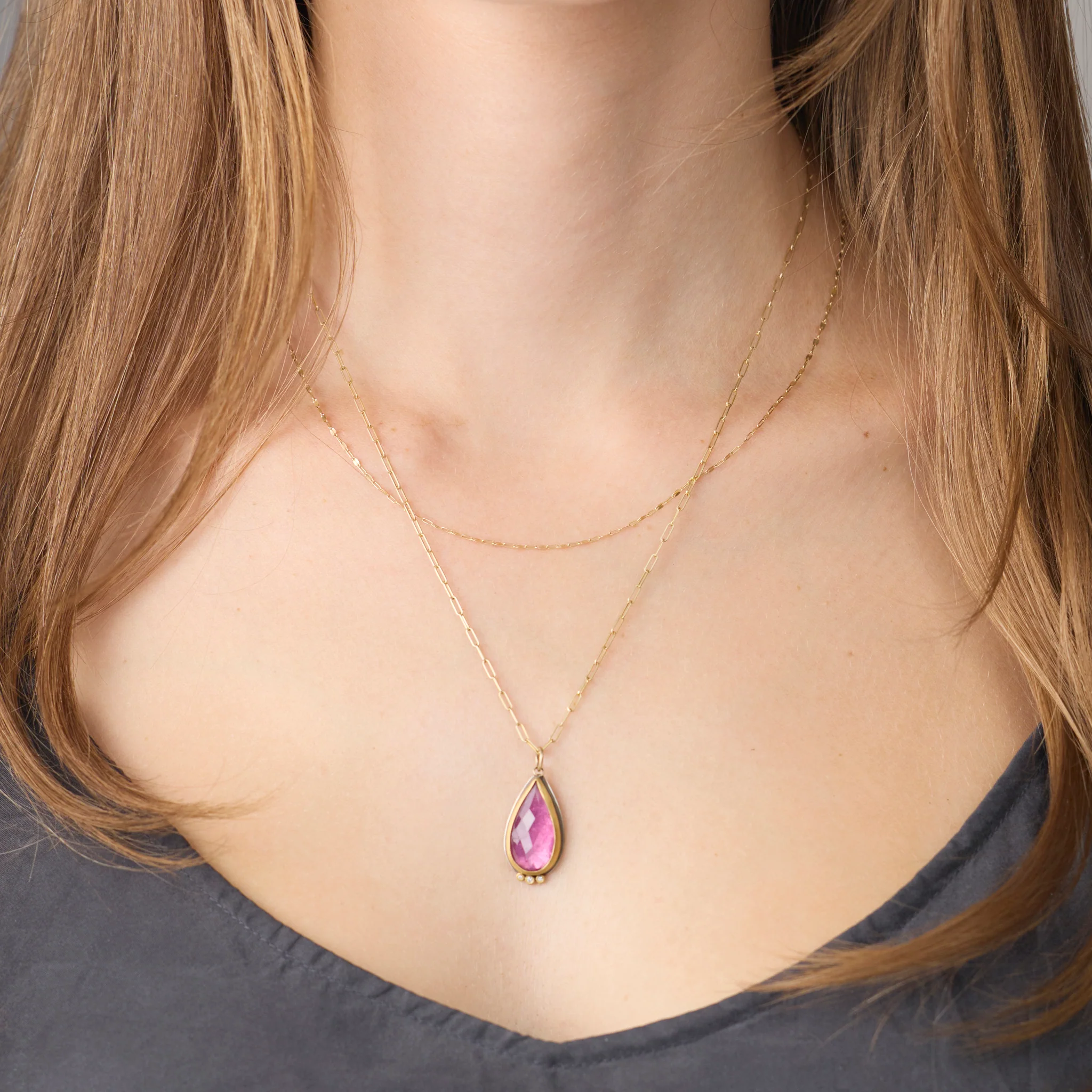 Pink Tourmaline Necklace with Diamond Trio - Image 2