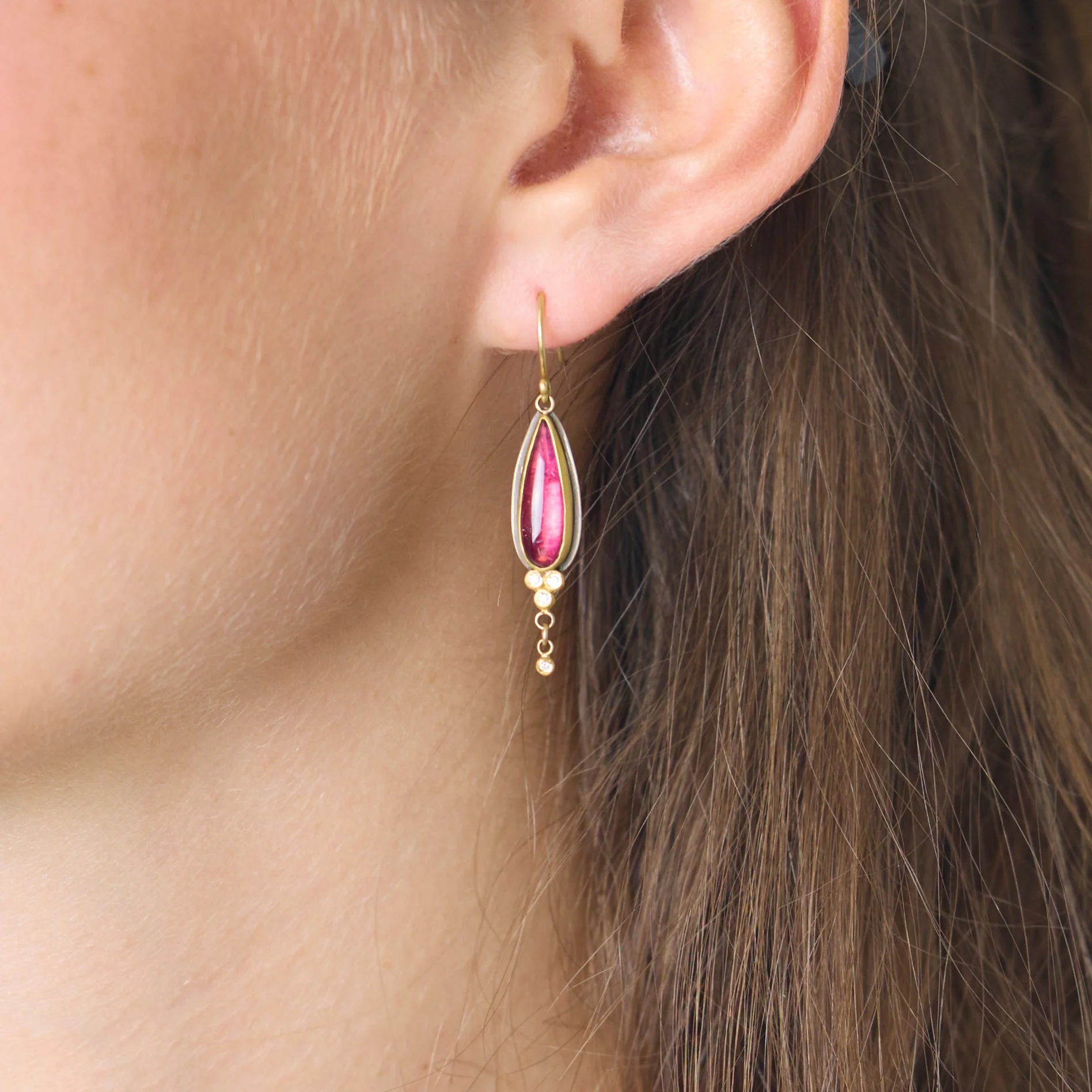Pink Tourmaline Teardrop Earrings with Diamonds - Image 2