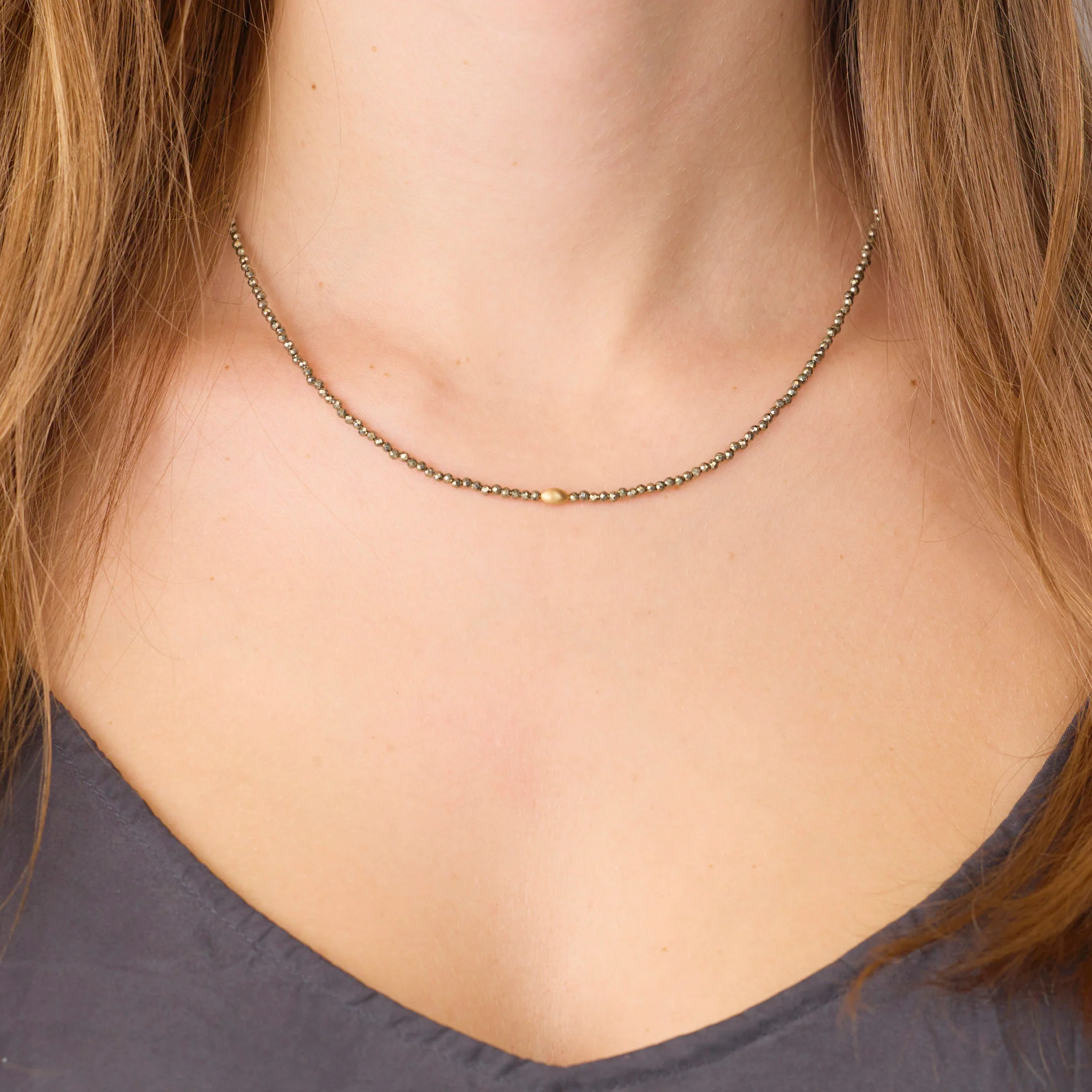 Pyrite Necklace with Gold Rice Bead - Image 2