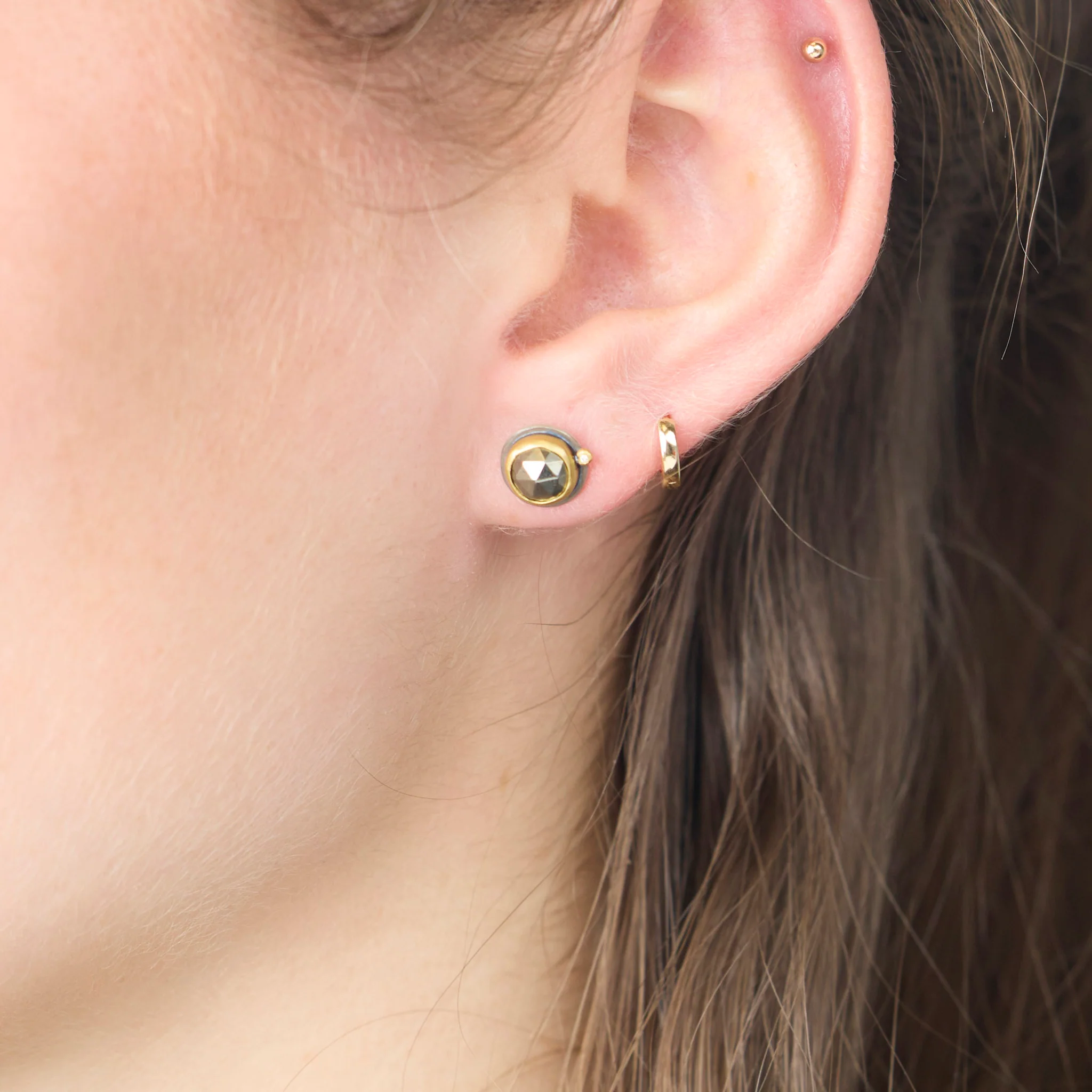 Pyrite Stud Earrings with Diamond Dots - Image 2