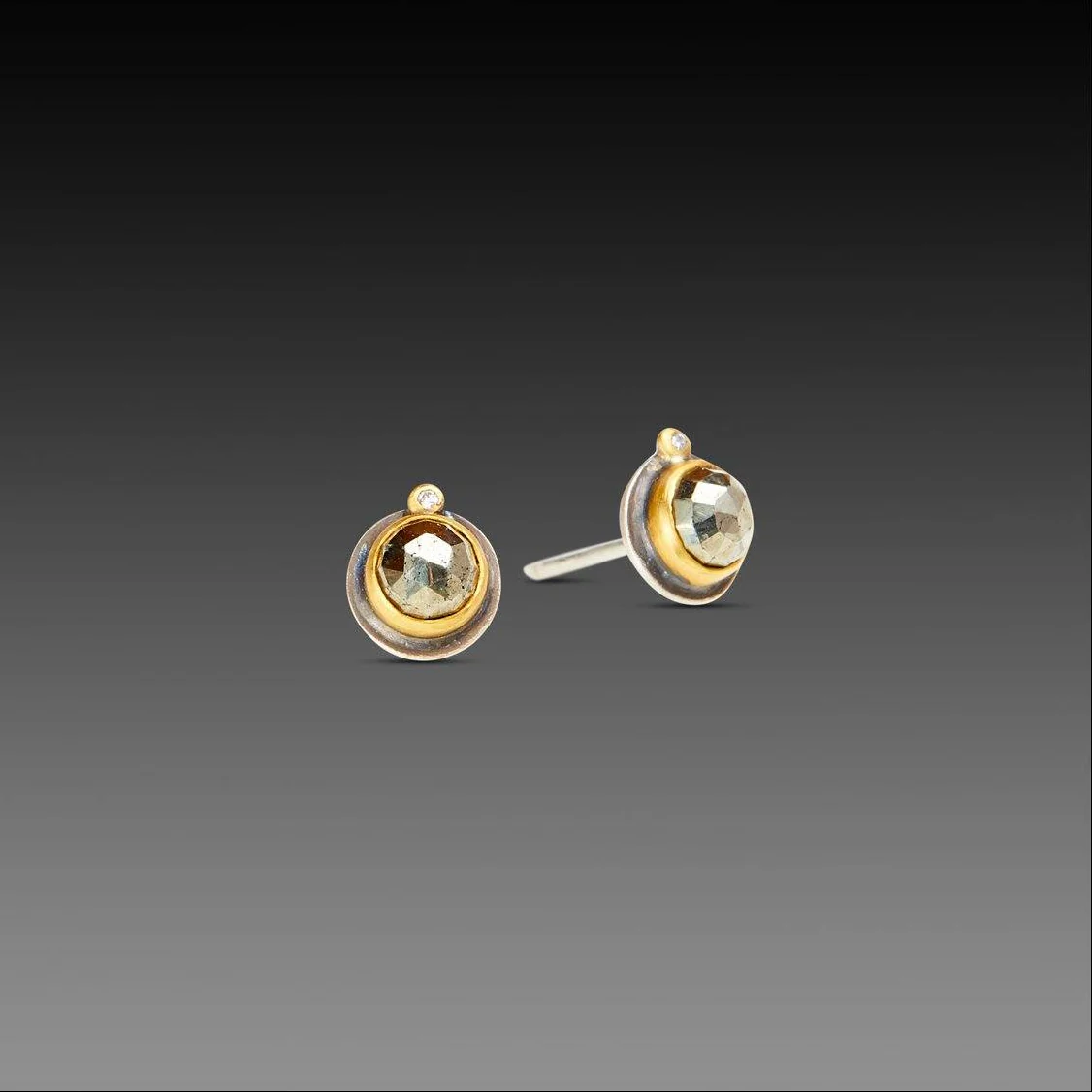 Pyrite Stud Earrings with Diamond Dots - Image 3