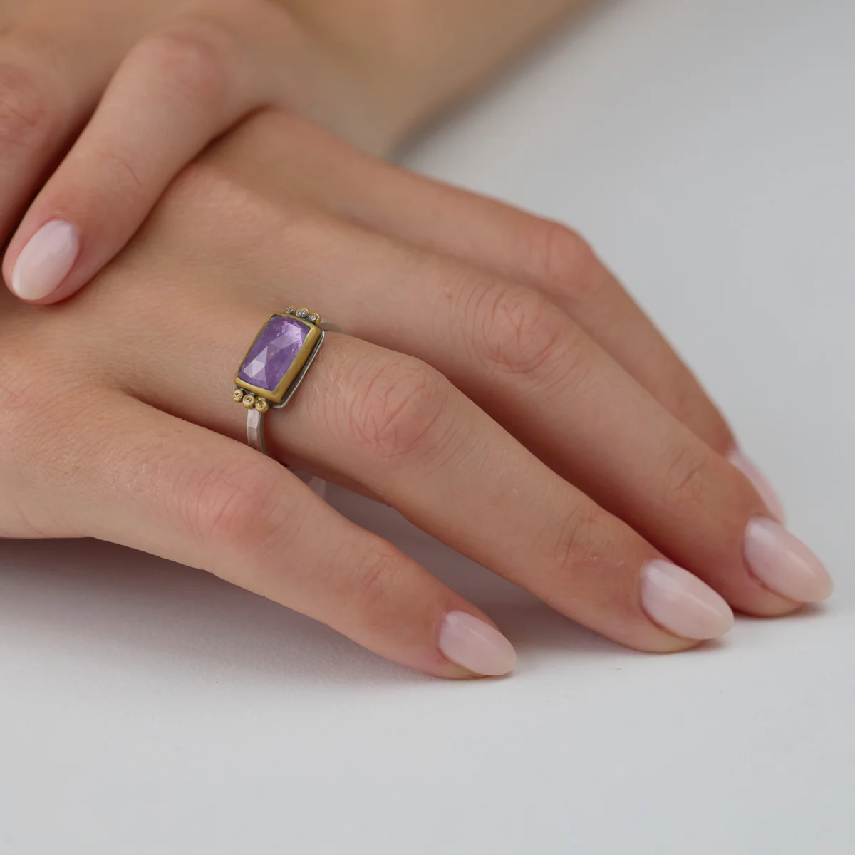 Rectangular Tanzanite Ring with Diamond Trios - Image 2