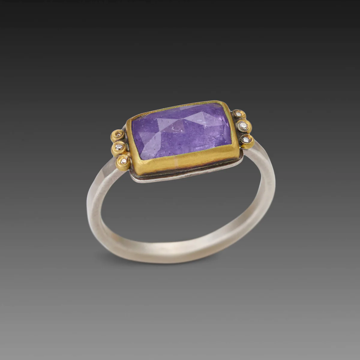 Rectangular Tanzanite Ring with Diamond Trios - Image 3
