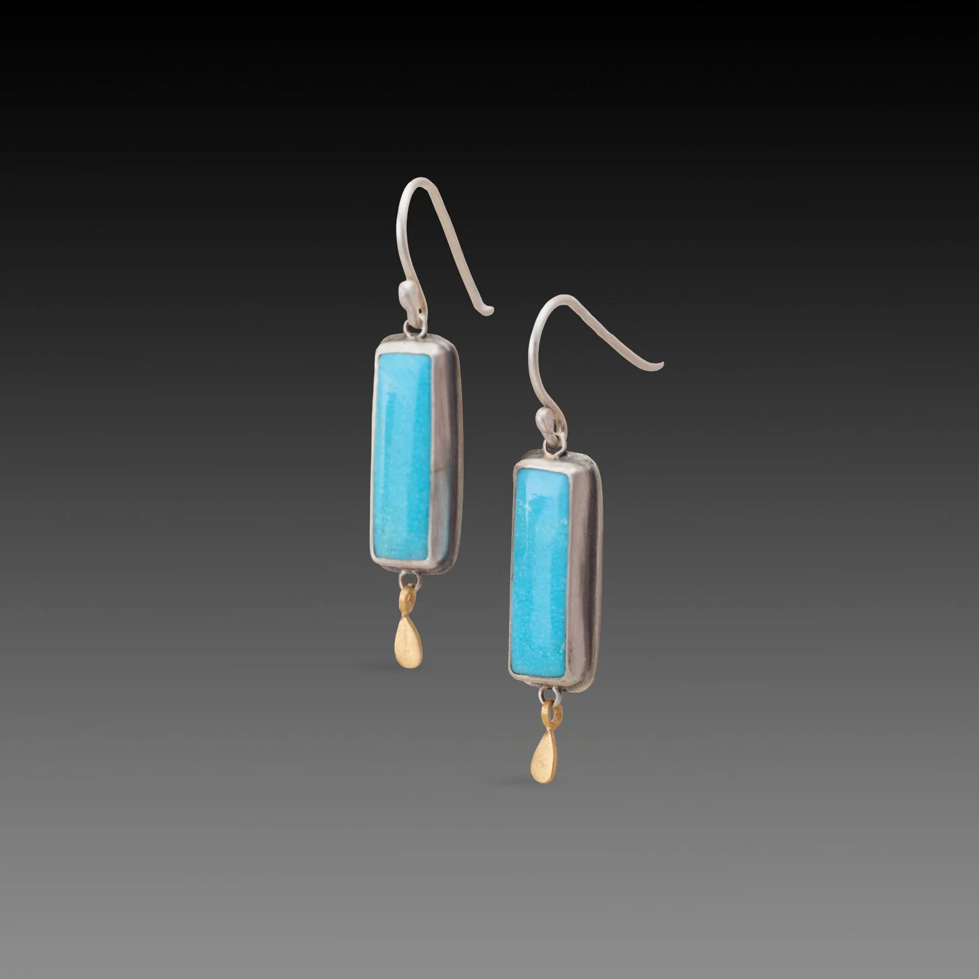 Rectangular Turquoise Earrings with Gold Drops
