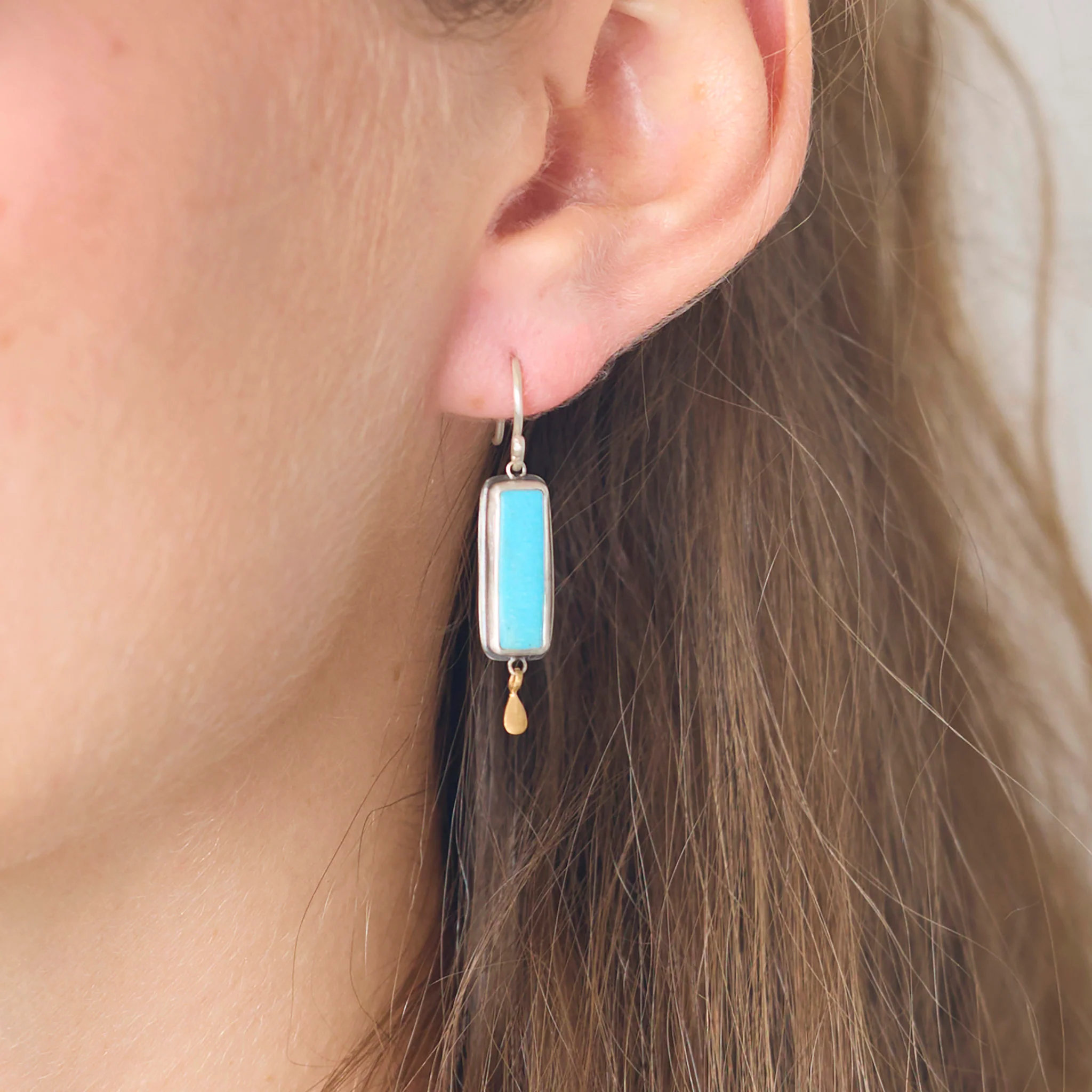 Rectangular Turquoise Earrings with Gold Drops - Image 2