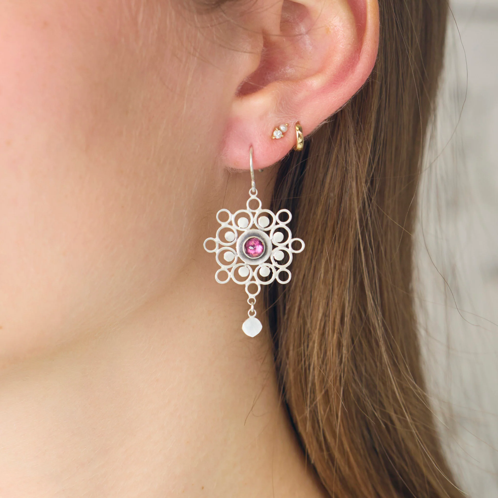Rhodolite Garnet Mandala Earrings - Image 2
