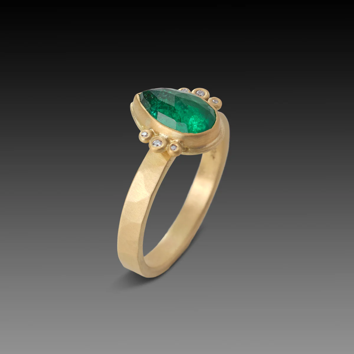 Rose Cut Emerald Ring With Diamond Trios - Image 2