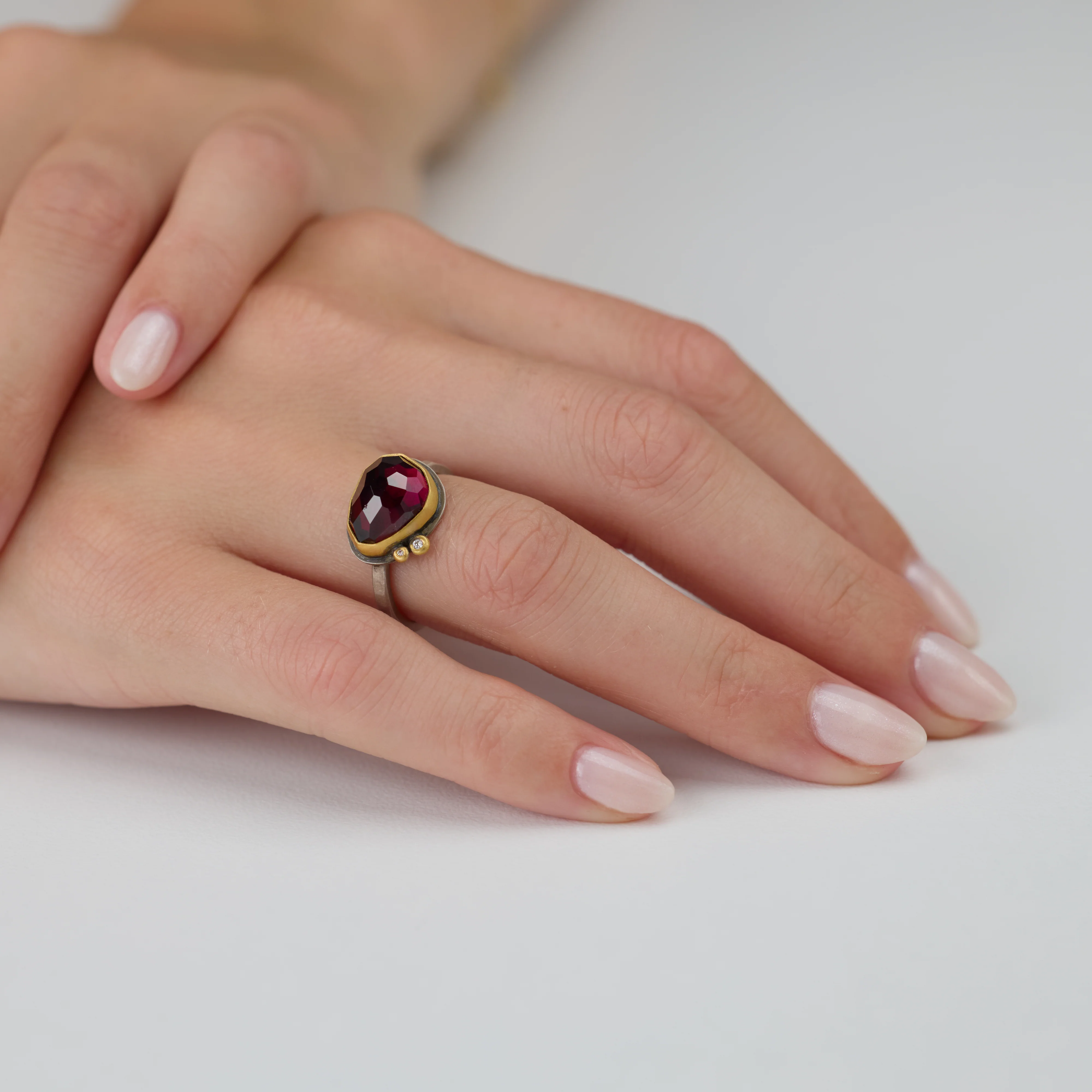 Rose Cut Rhodolite Garnet Ring with Diamonds - Image 2