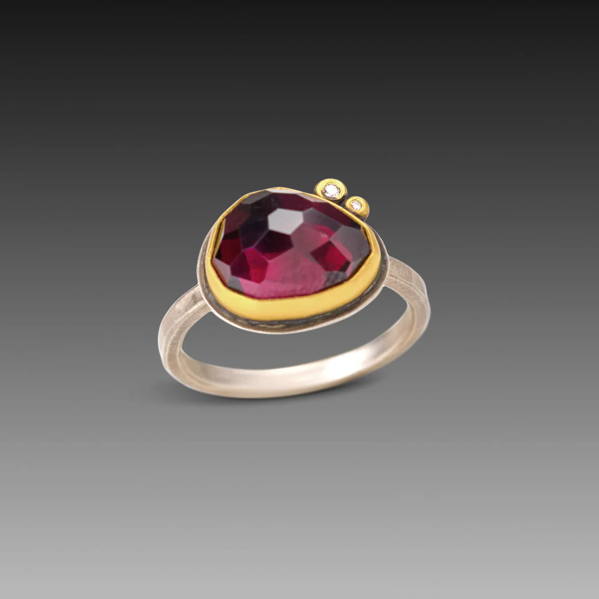 Rose Cut Rhodolite Garnet Ring with Diamonds - Image 3