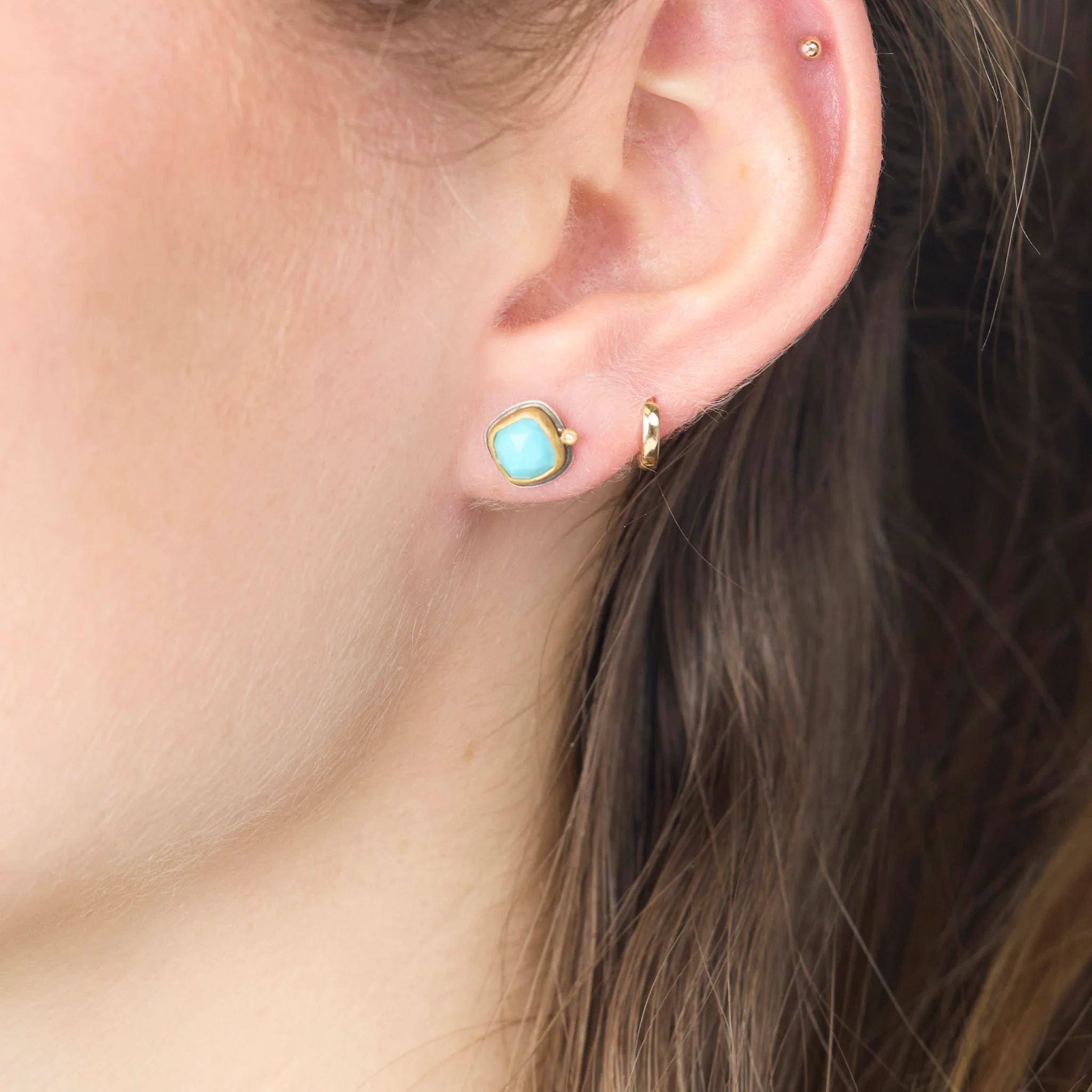 Rose Cut Turquoise Stud Earrings with Diamonds - Image 2