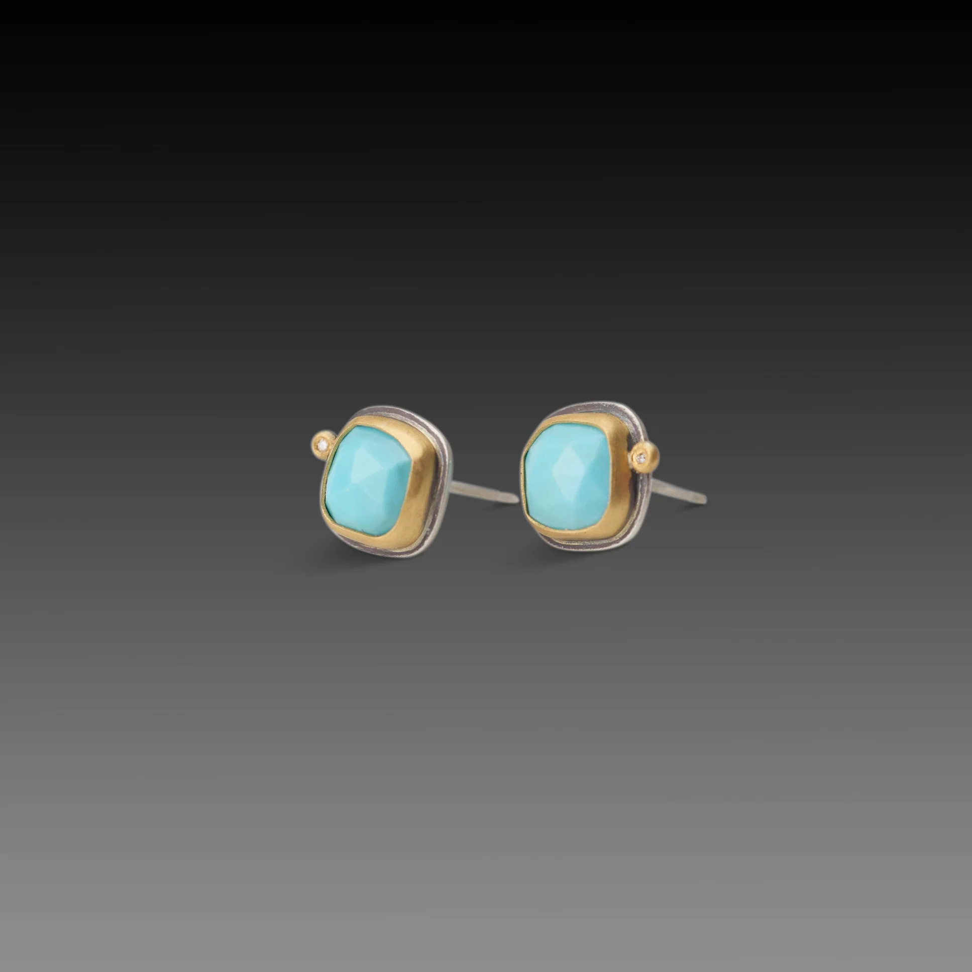 Rose Cut Turquoise Stud Earrings with Diamonds - Image 3