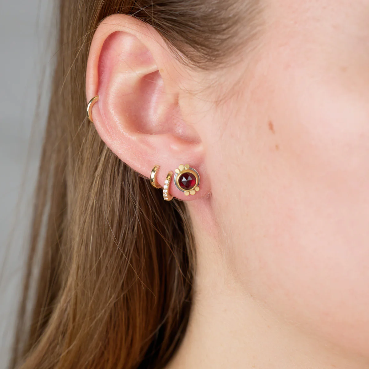 Round Garnet Stud Earrings with Trios - Image 2