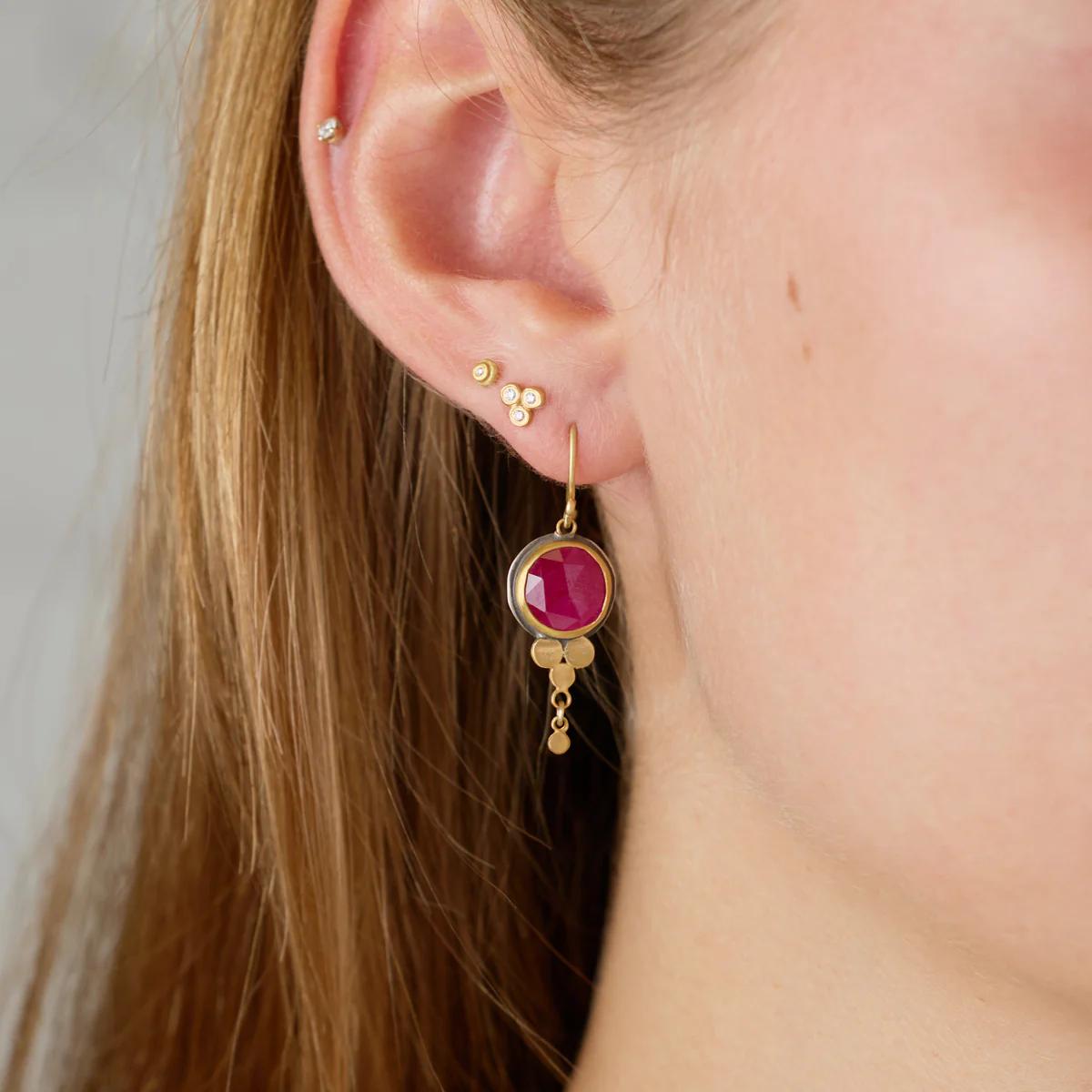 Round Ruby Earrings with Gold Trios - Image 2
