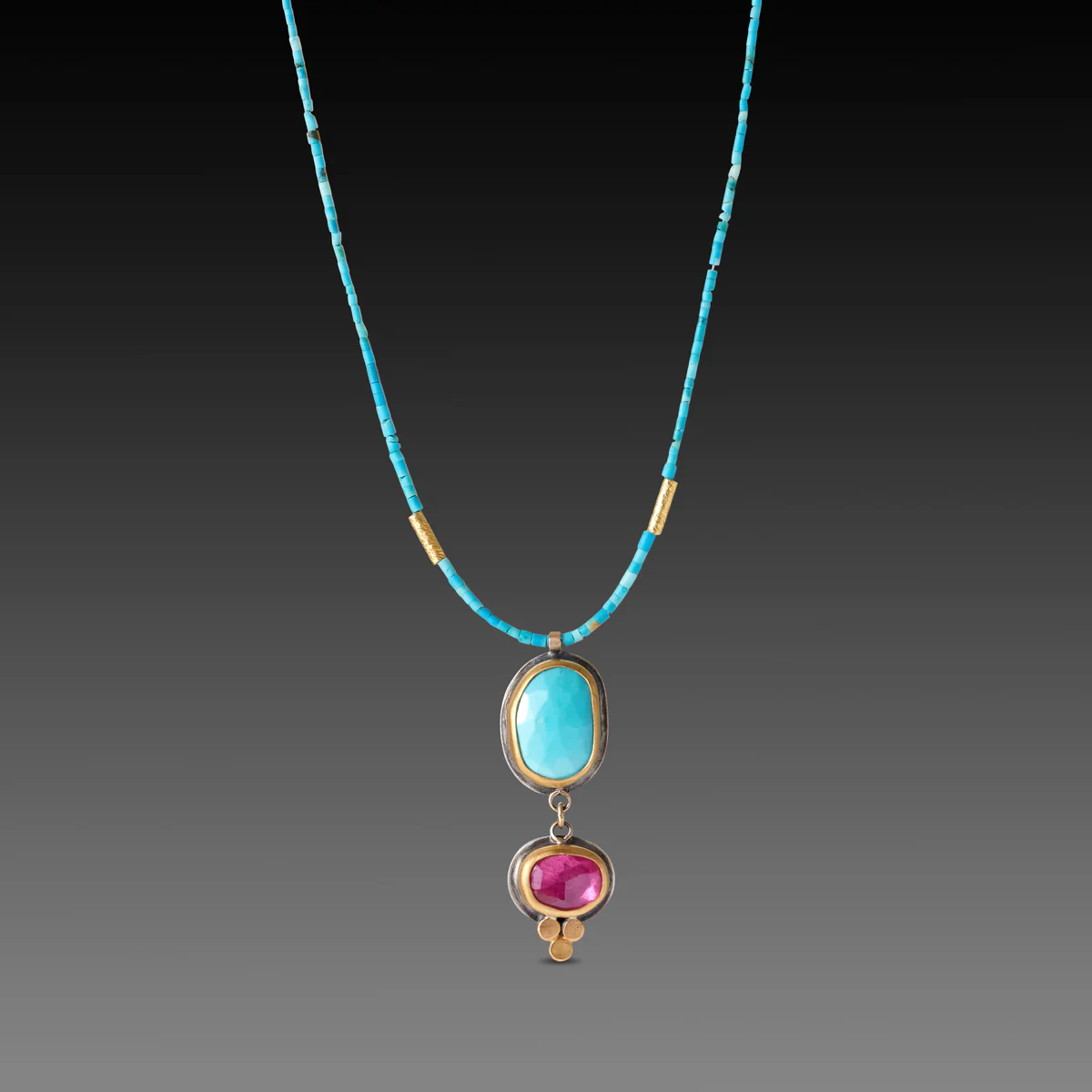 Turquoise and Ruby Double Pendant Necklace