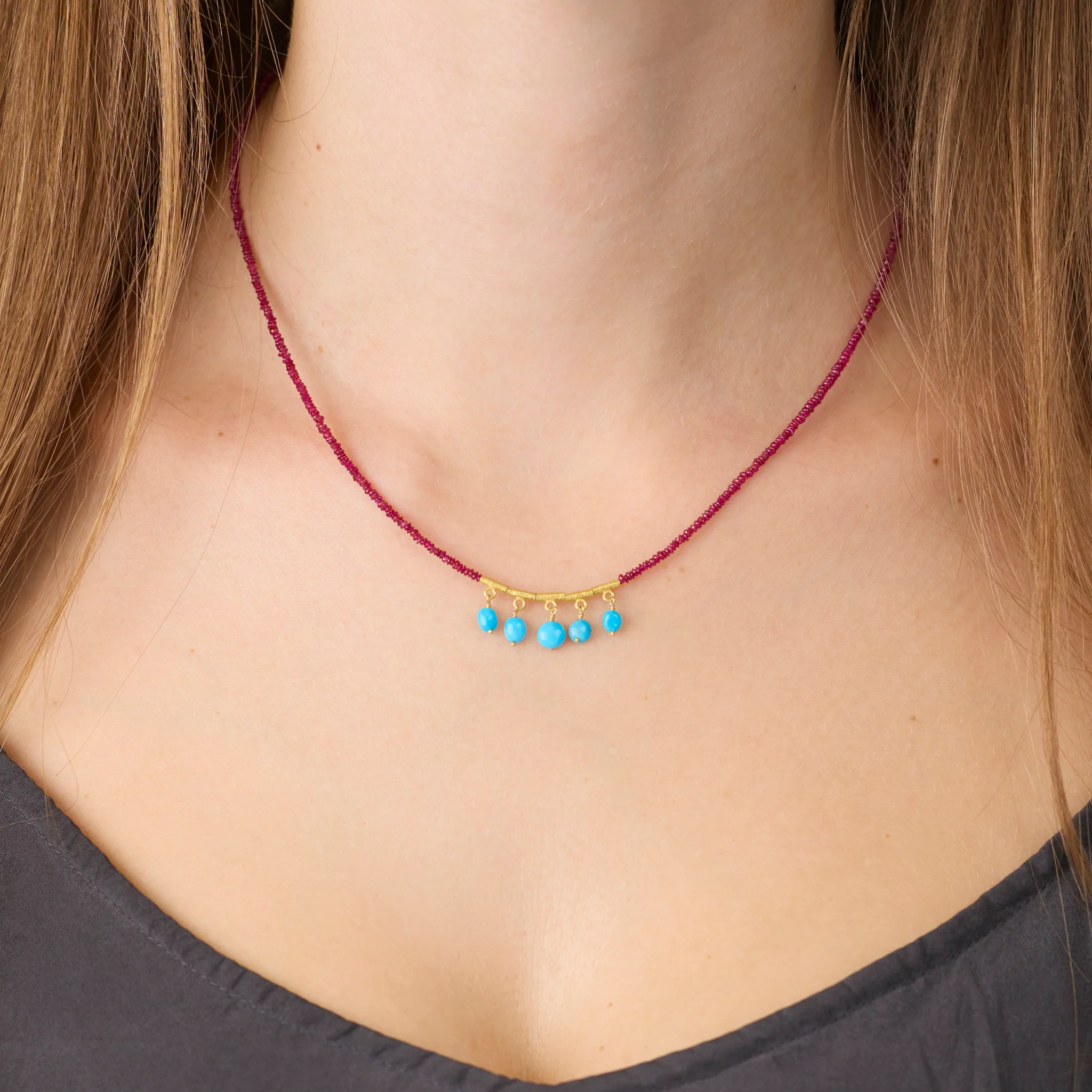 Ruby Beaded Necklace with Turquoise Fringe - Image 2