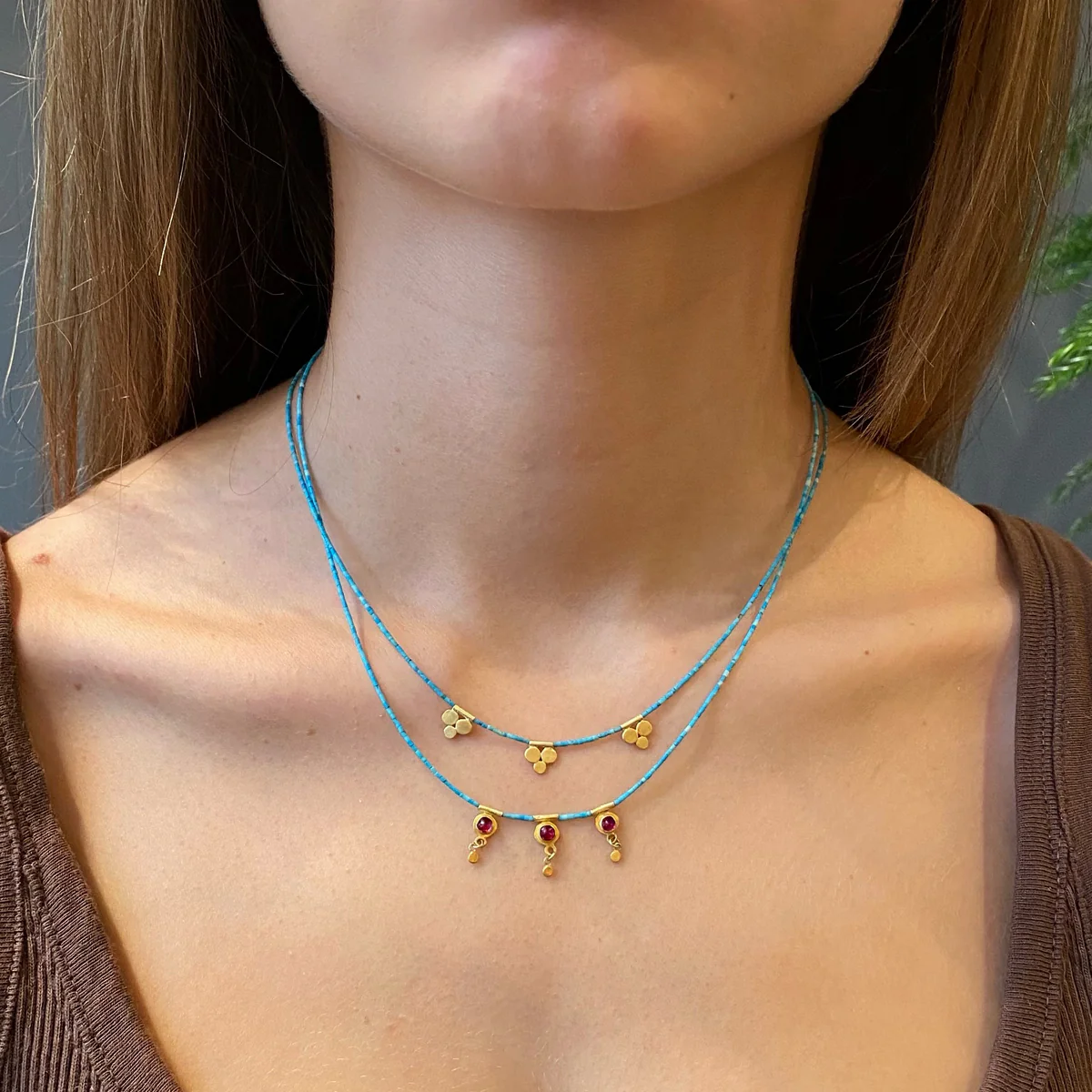 Ruby Disk and Turquoise Beaded Necklace - Image 3