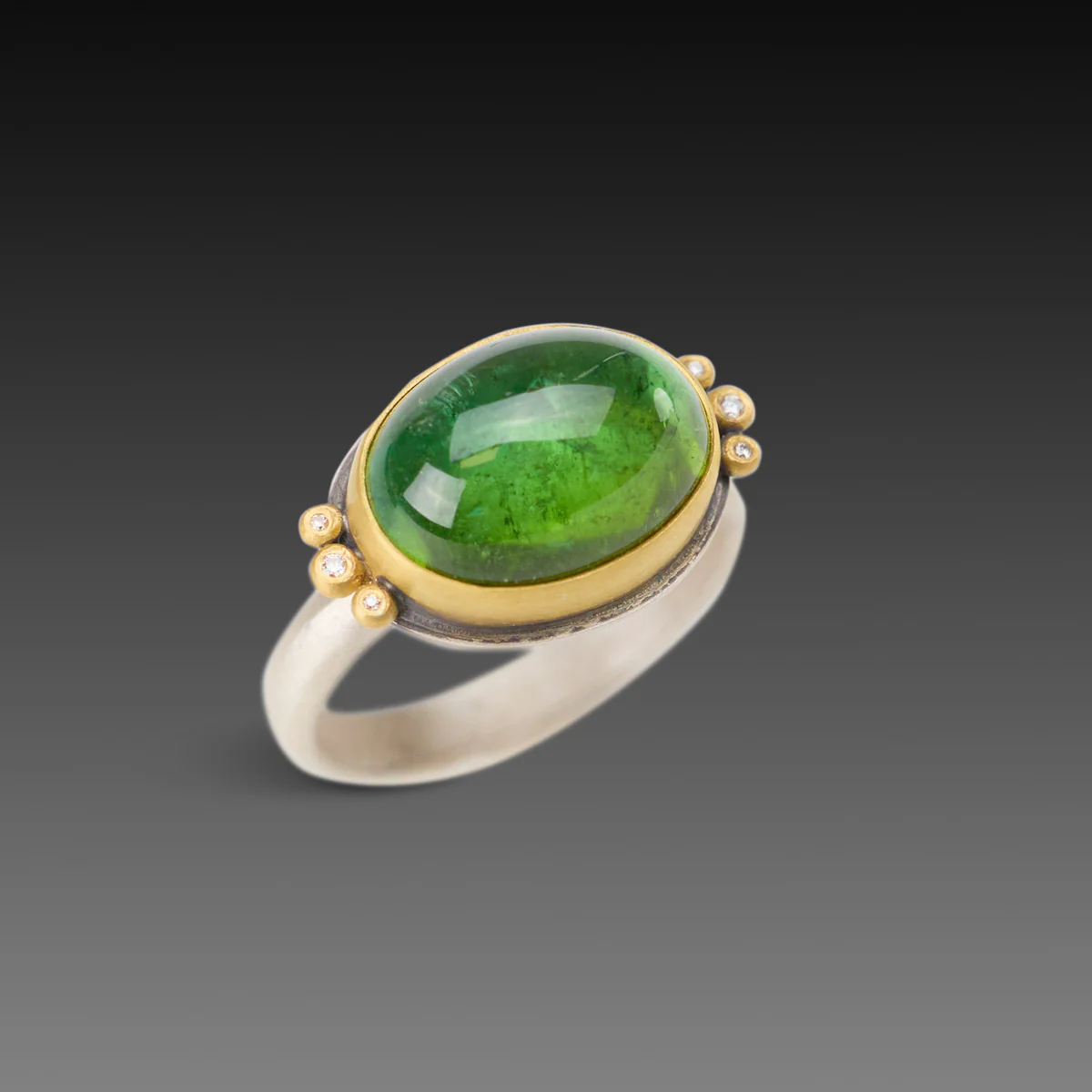 Smooth Green Tourmaline Ring with Diamond Trios - Image 3