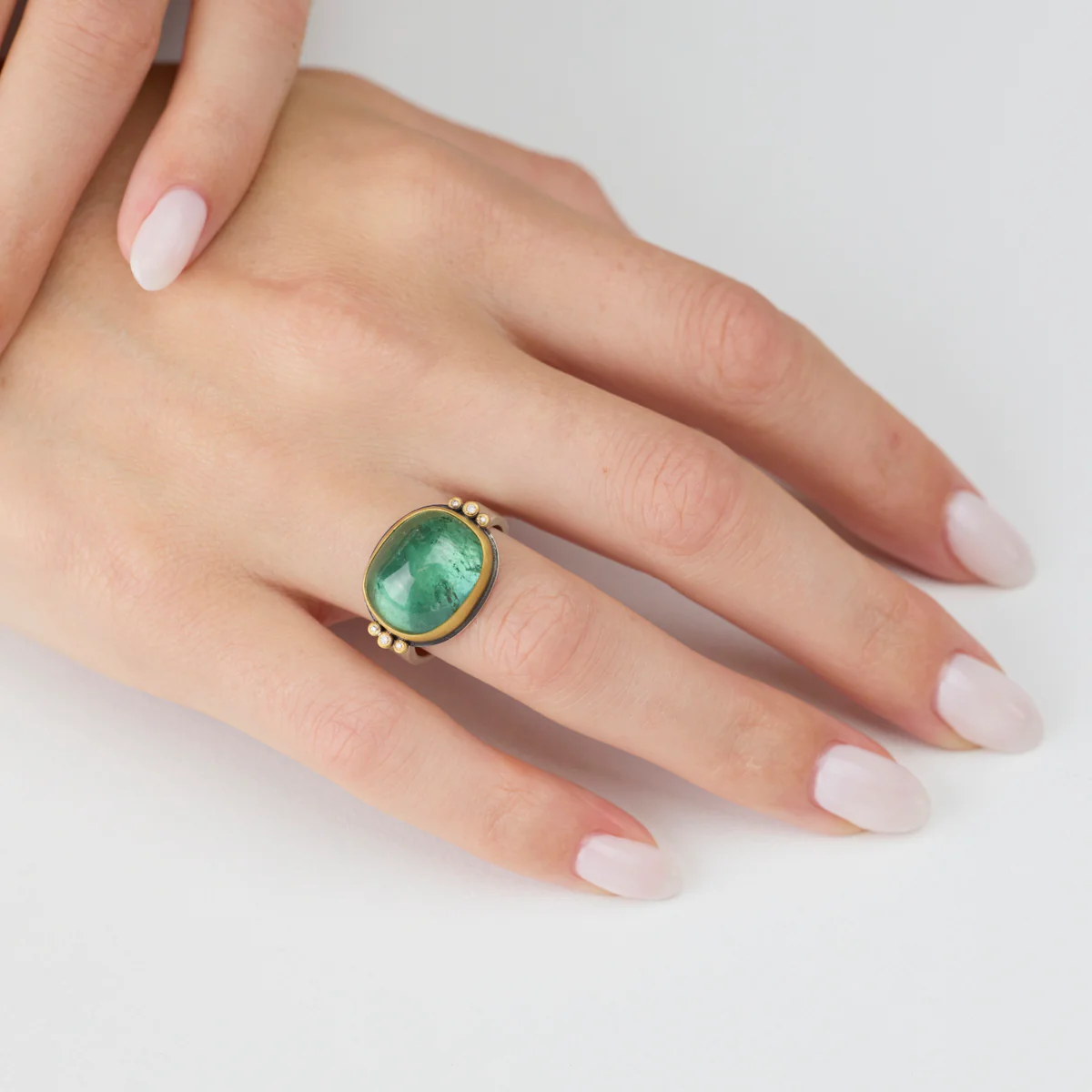 Smooth Green Tourmaline Ring with Diamonds - Image 2