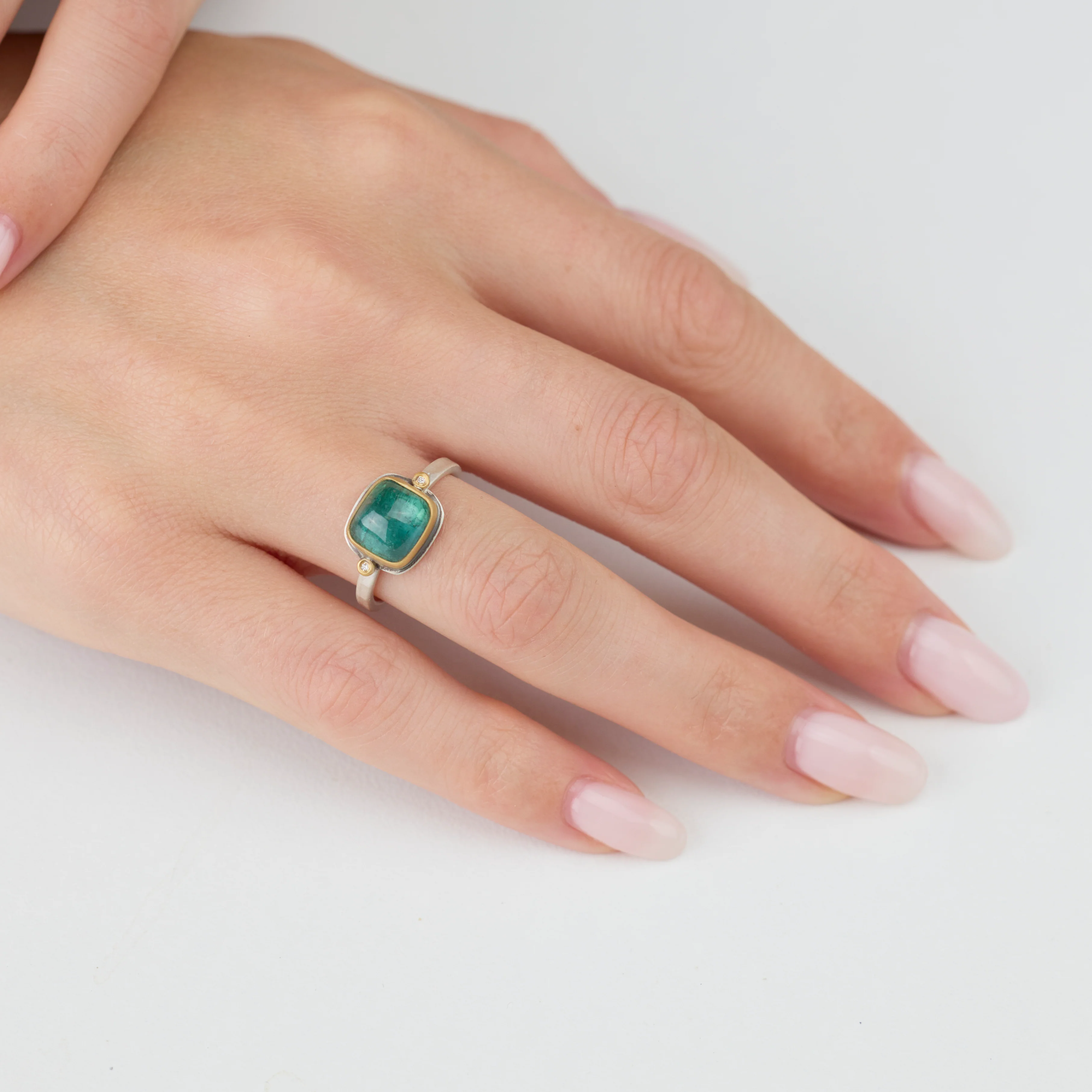 Smooth Green Tourmaline Ring with Diamonds - Image 2
