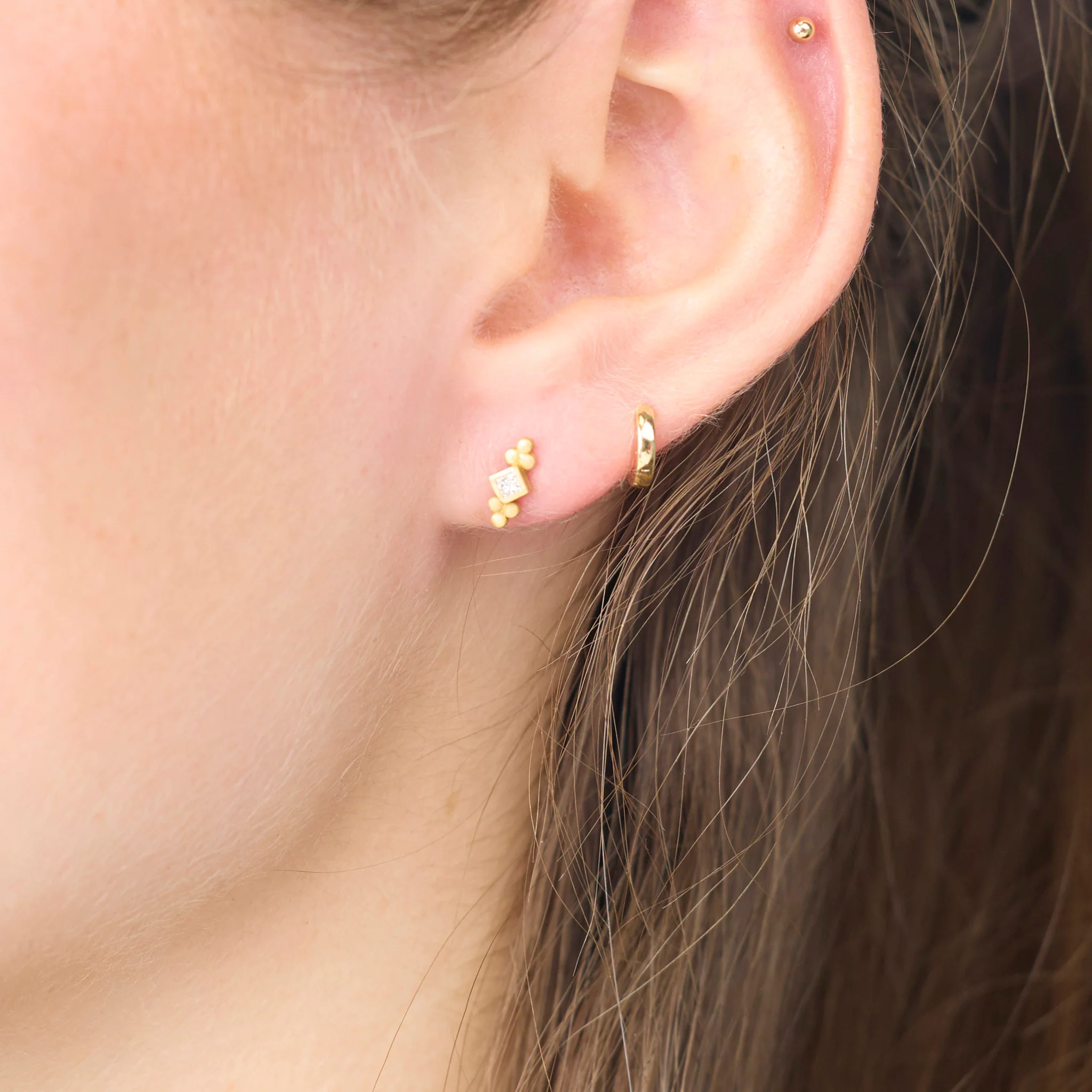 Square Diamond Studs with Gold Trios - Image 2