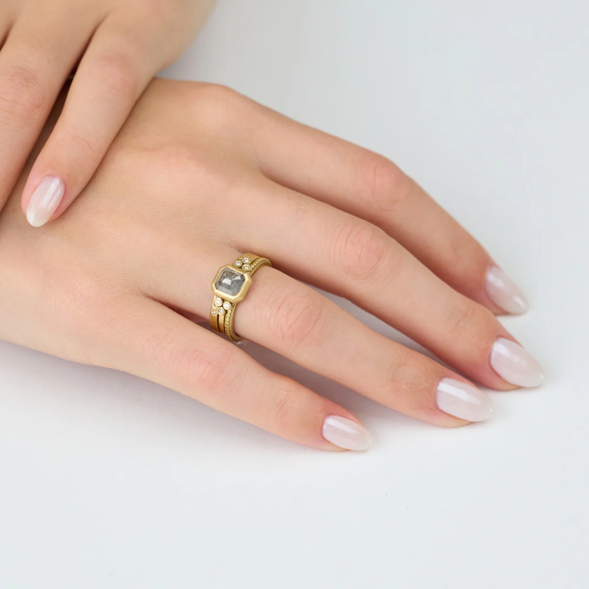 Square Gray Diamond Ring with Diamond Trios - Image 4