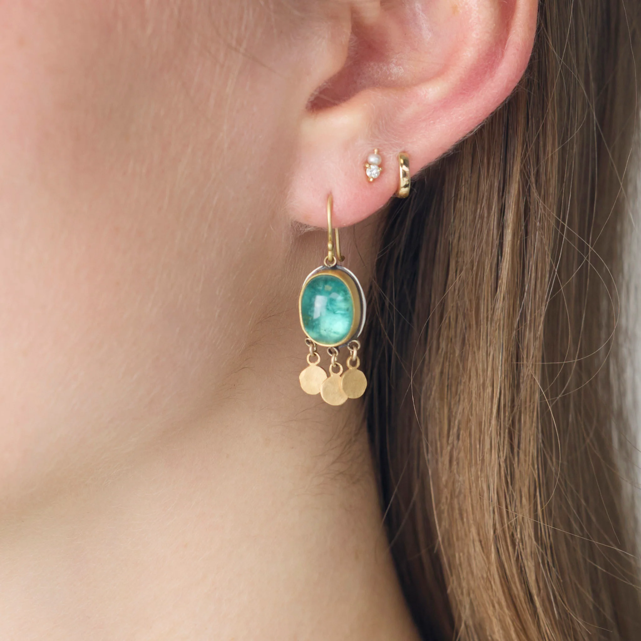 Teal Tourmaline Earrings with Gold Fringe - Image 2
