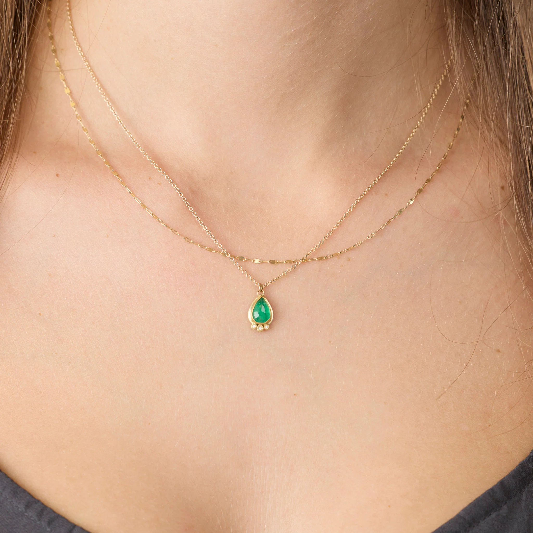 Teardrop Emerald Necklace with Diamond Trio - Image 2