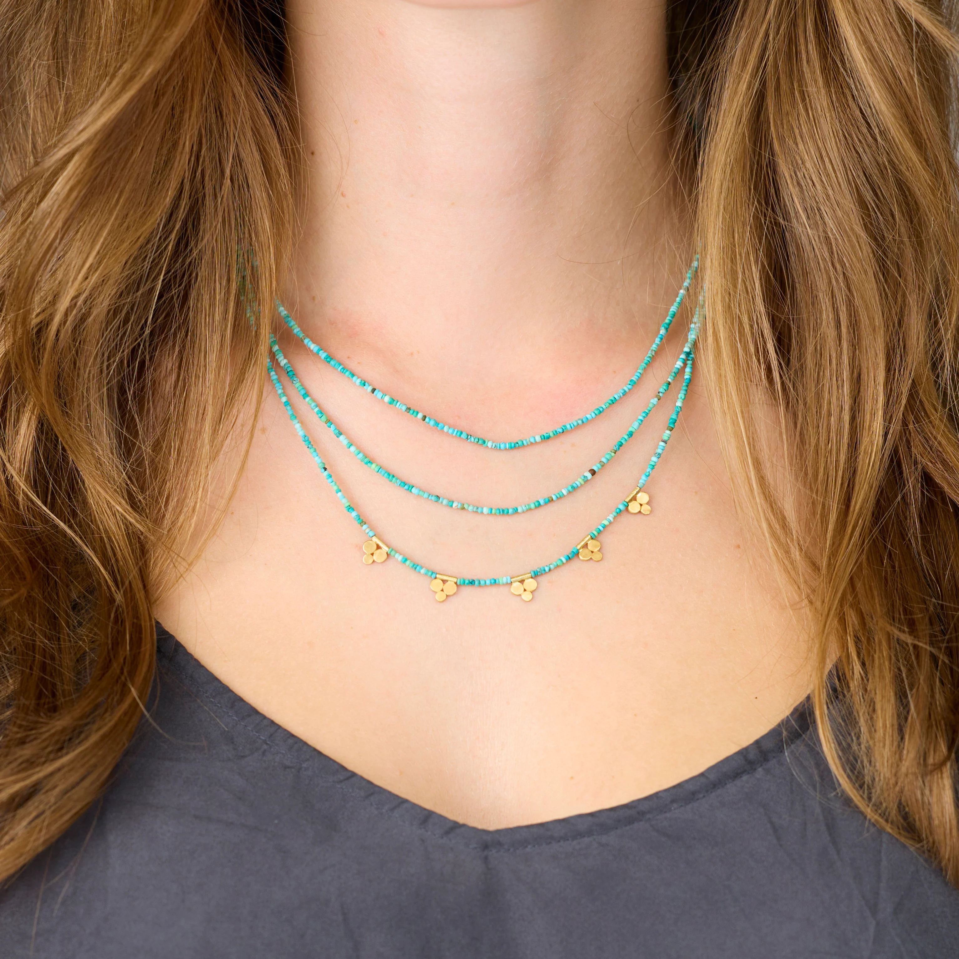 Triple Strand Turquoise Necklace with Gold Trios - Image 2