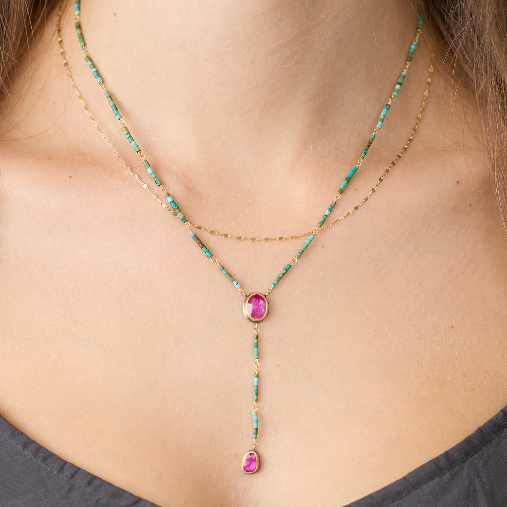 Turquoise and Ruby Drop Necklace - Image 2