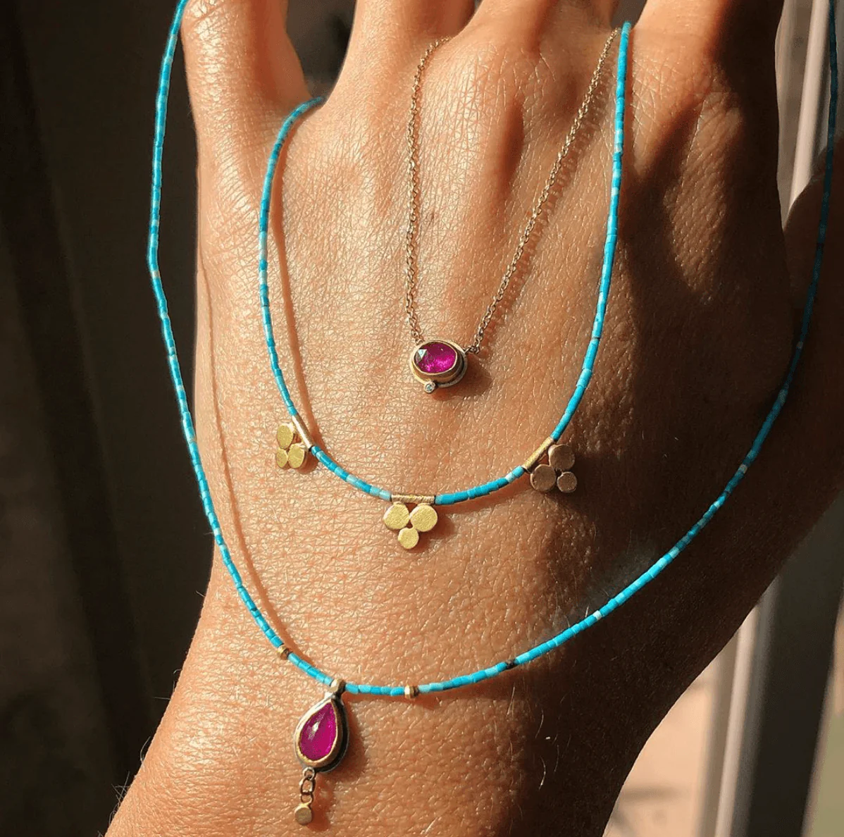 Tiny Turquoise Bead Necklace with 22k Trios - Image 4