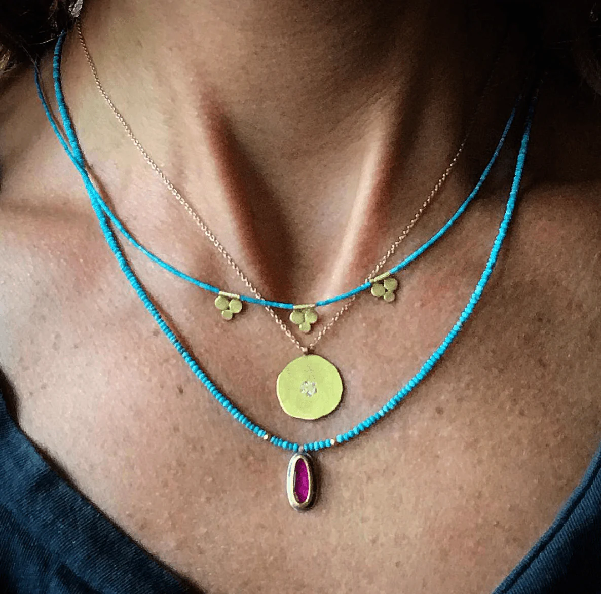 Tiny Turquoise Bead Necklace with 22k Trios - Image 5