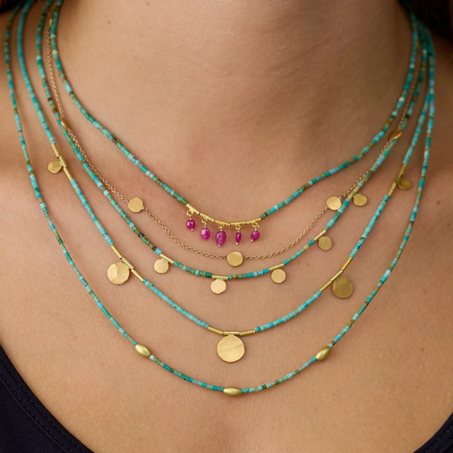 Turquoise Necklace with Five Ruby Drops - Image 2