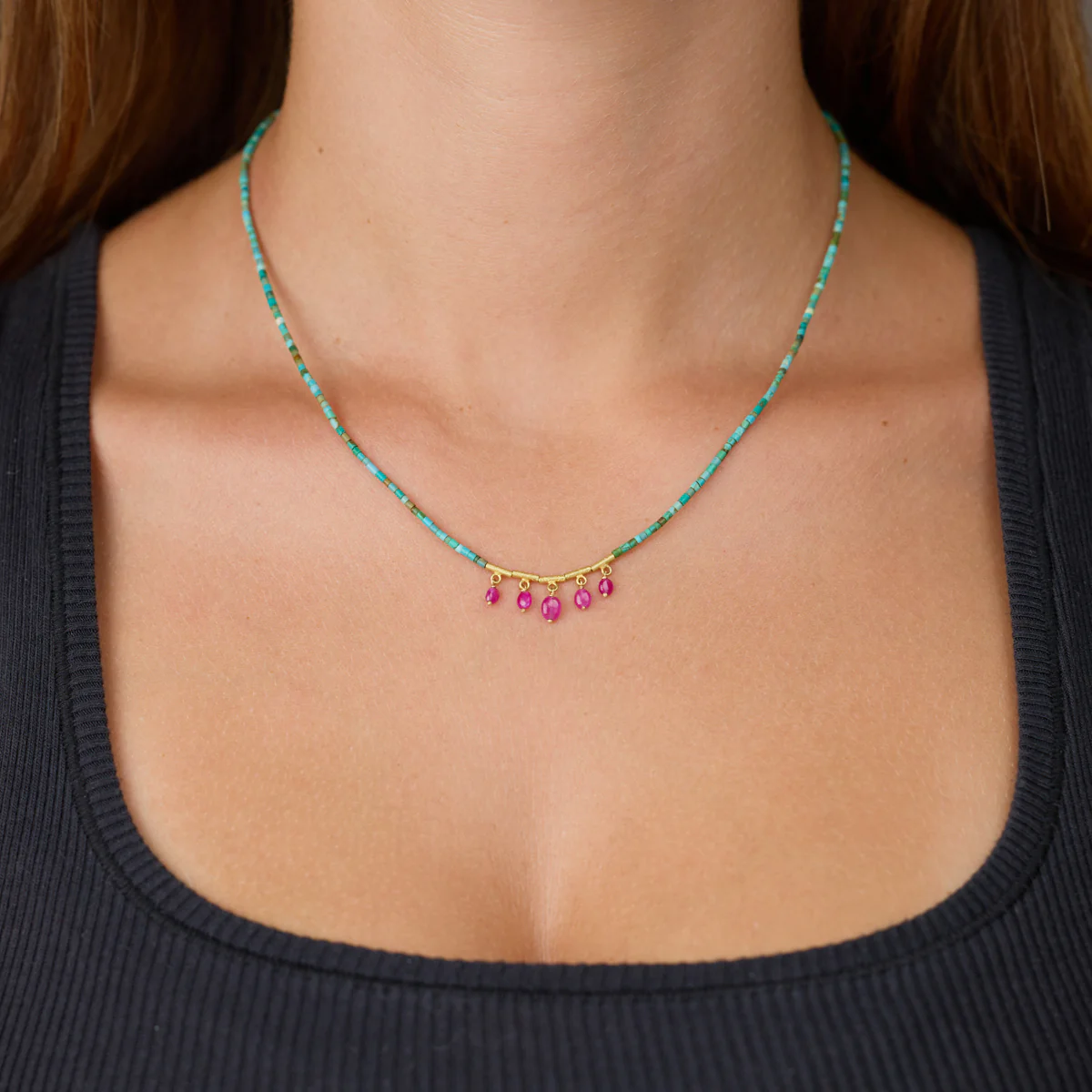 Turquoise Necklace with Five Ruby Drops - Image 3