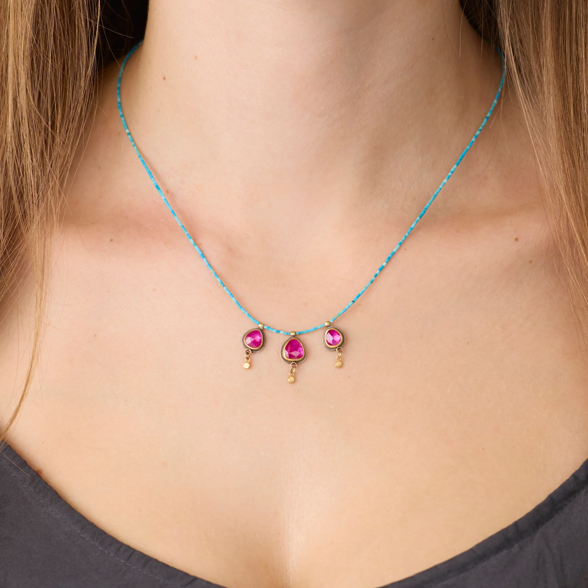 Turquoise Beaded Necklace with Rubies - Image 2