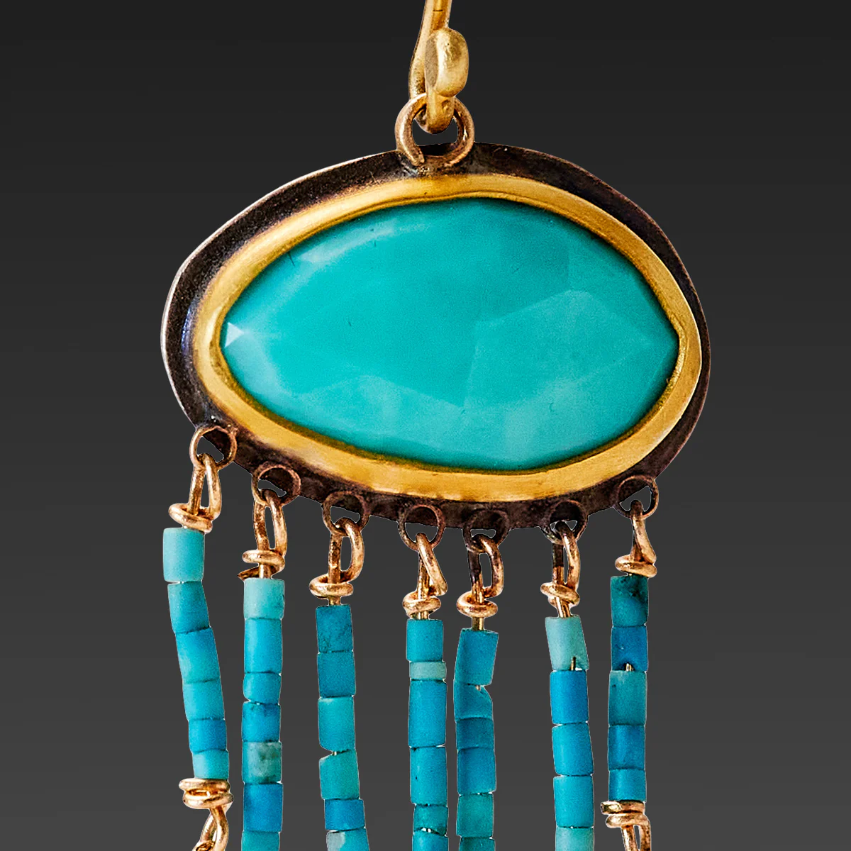 Turquoise & Gold Beaded Fringe Earrings - Image 2