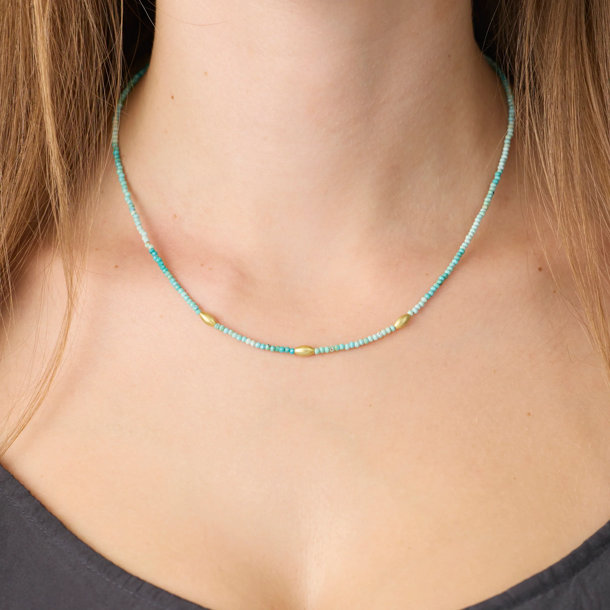 Turquoise Necklace with Gold Rice Beads - Image 2