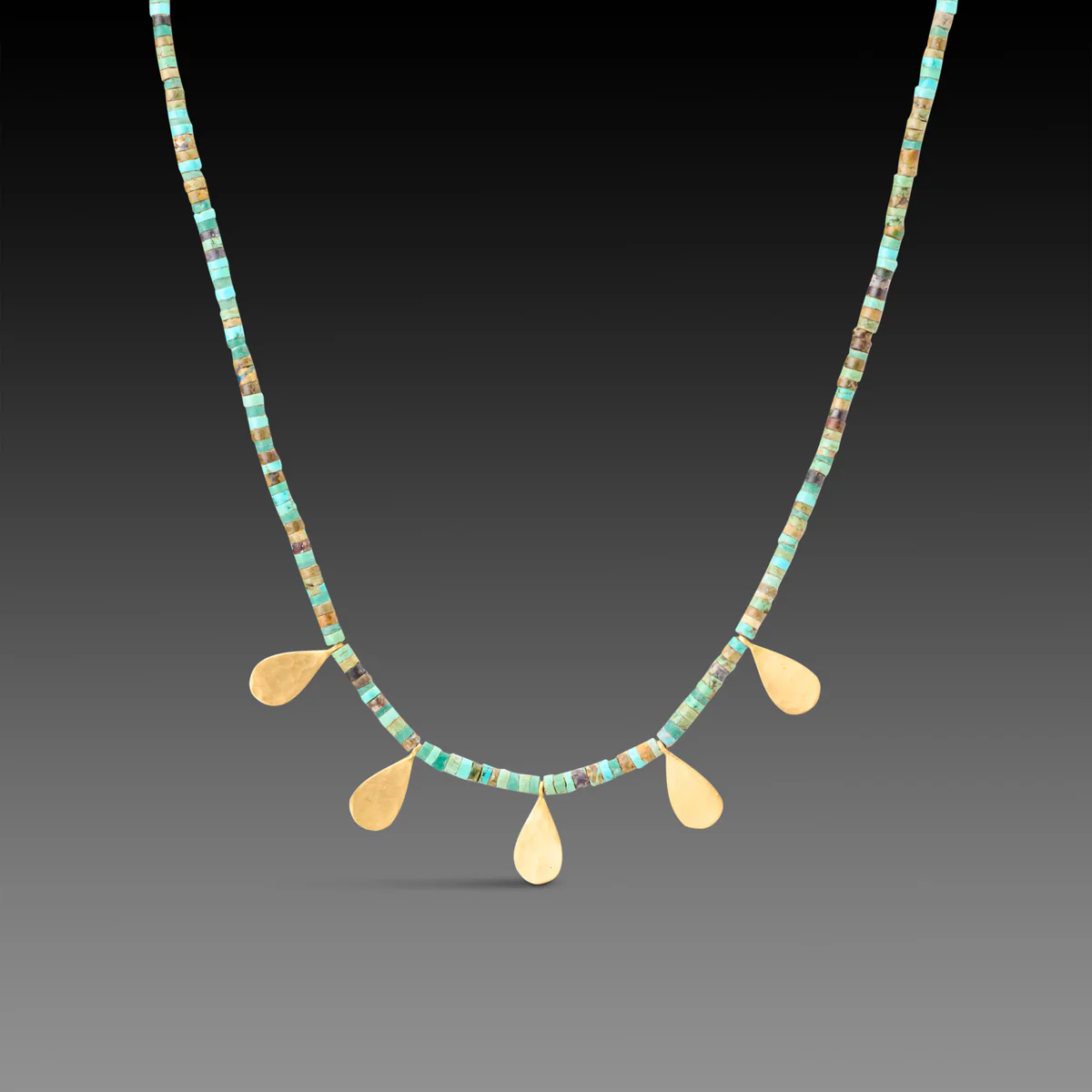 Turquoise Necklace with Hammered Gold Teardrops