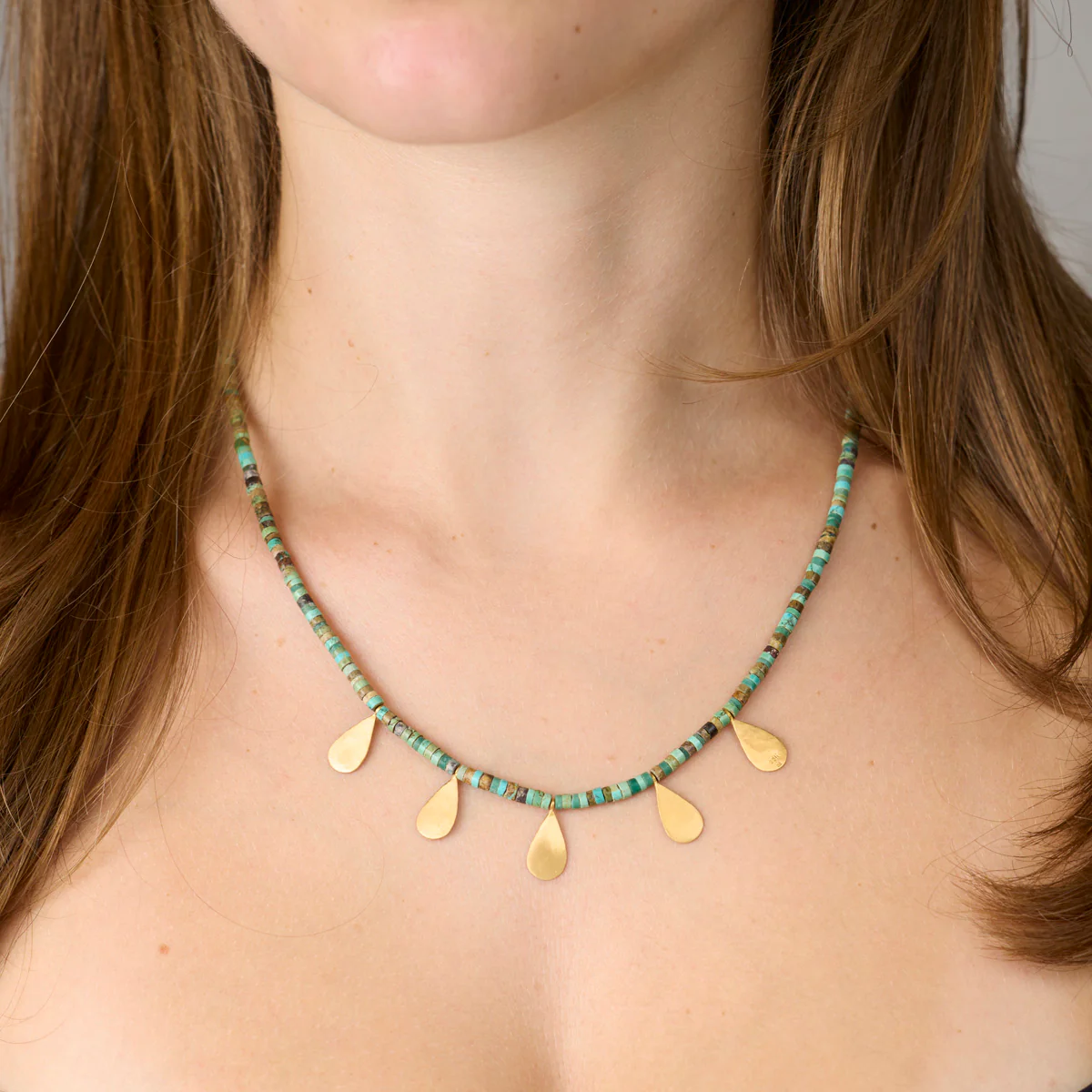 Turquoise Necklace with Hammered Gold Teardrops - Image 2