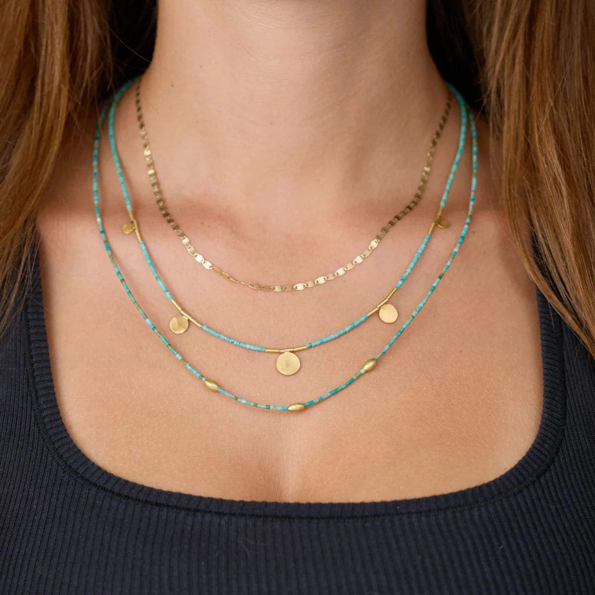 Turquoise Necklace with Medium Gold Disks - Image 2