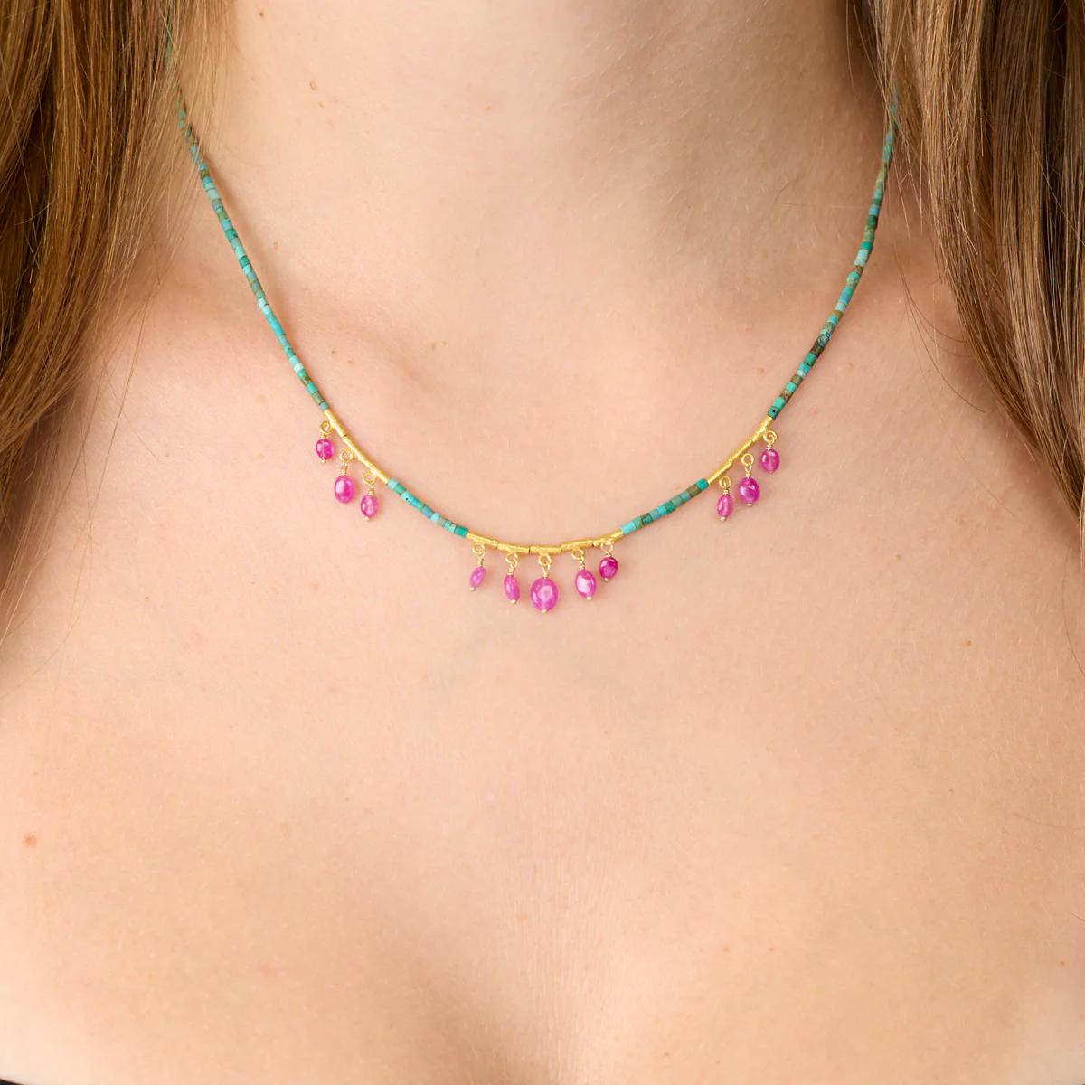 Turquoise Necklace with Ruby Fringe - Image 2