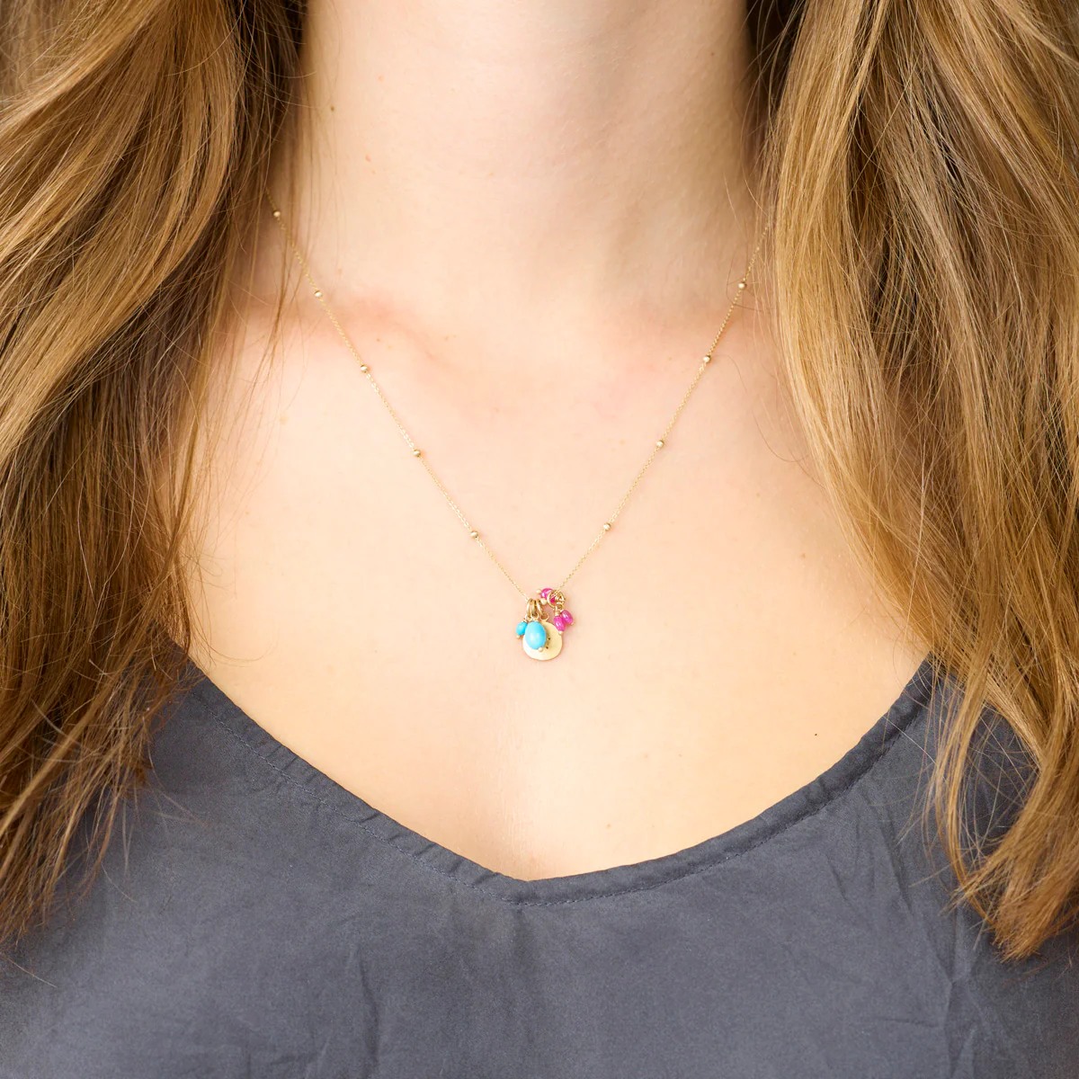Turquoise, Ruby & Gold Cluster Necklace - Image 2