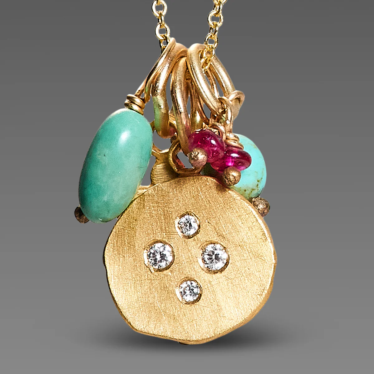 Turquoise, Ruby & Gold Cluster Necklace - Image 3