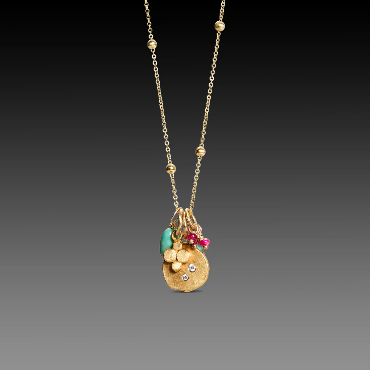 Turquoise, Ruby & Gold Cluster Necklace - Image 4