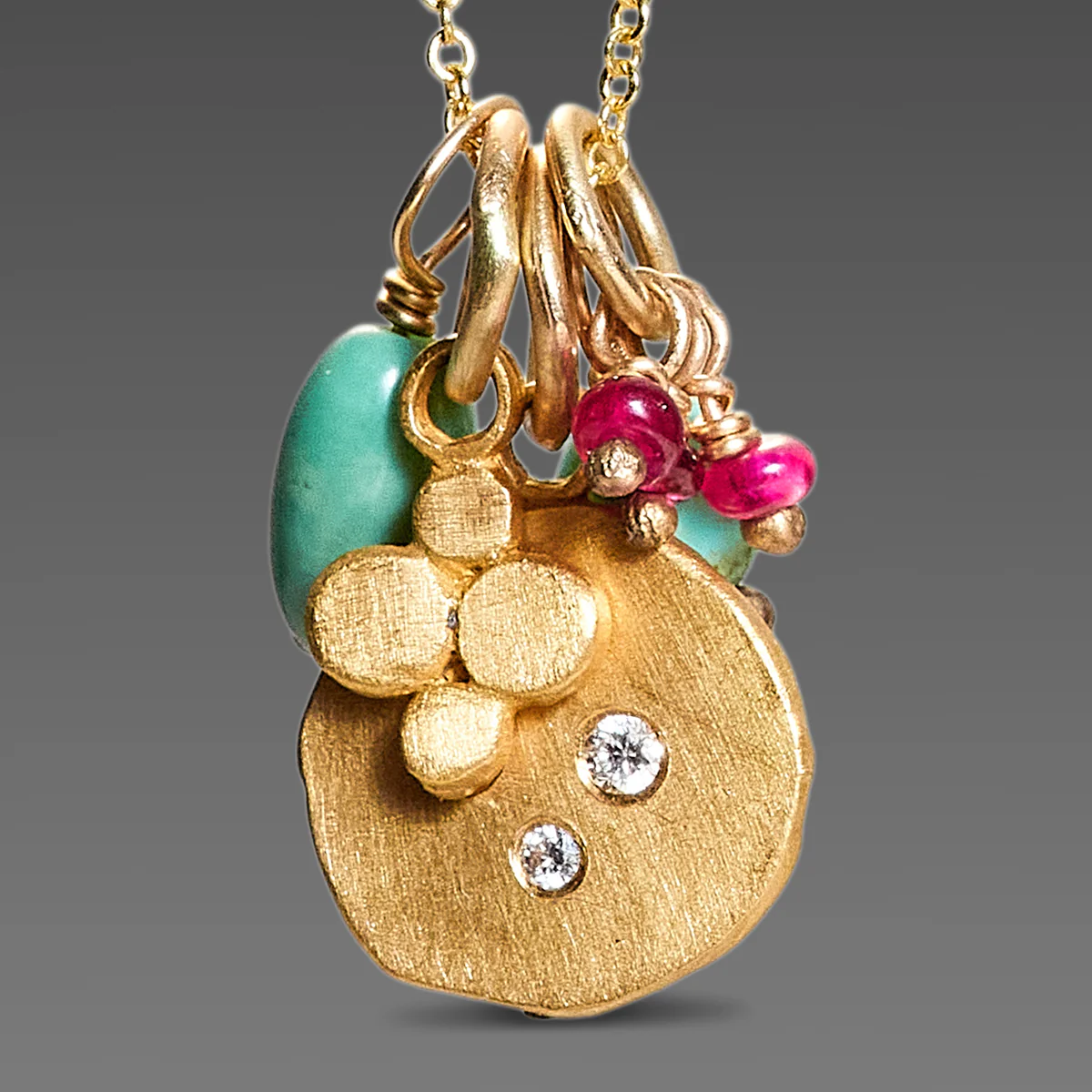 Turquoise, Ruby & Gold Cluster Necklace - Image 5