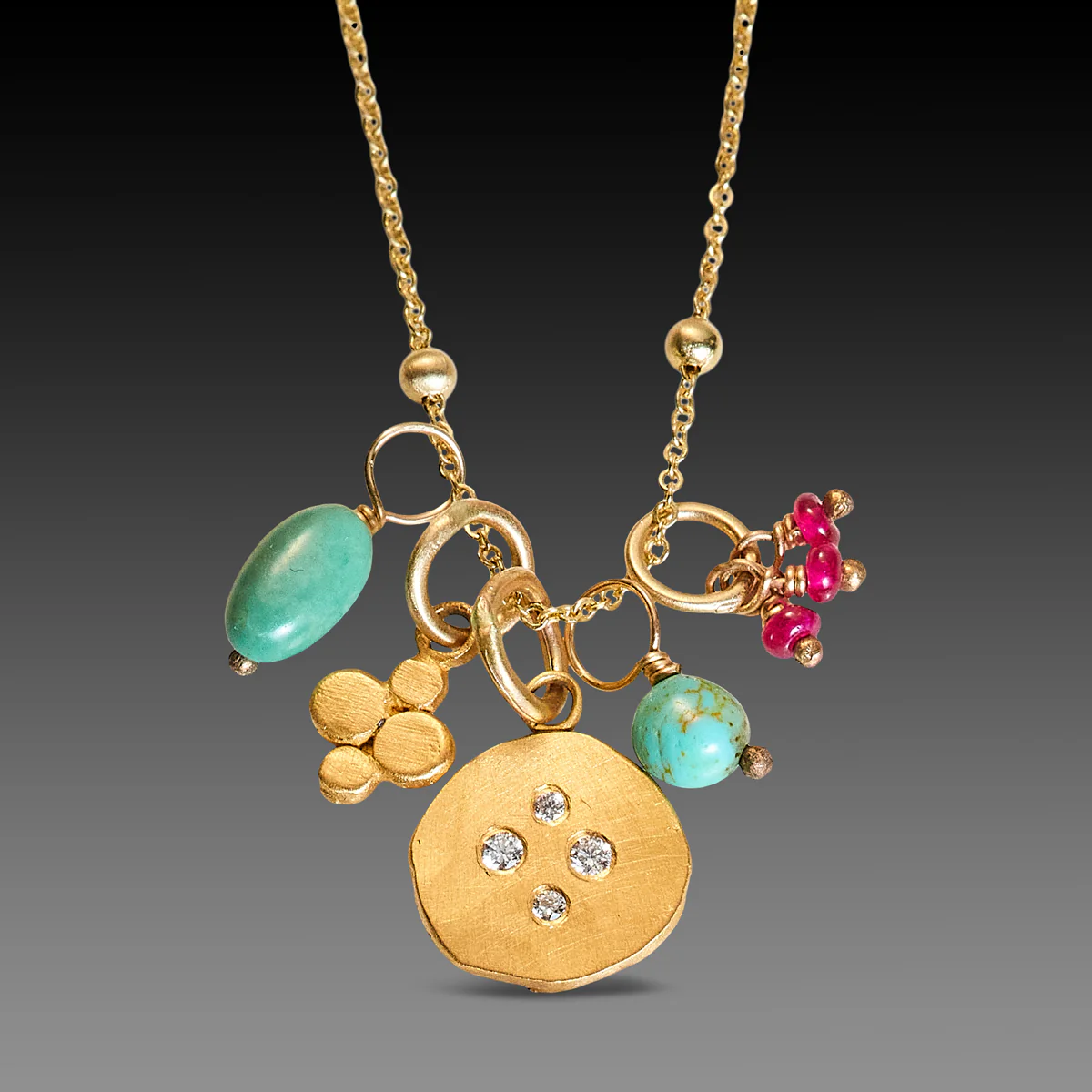 Turquoise, Ruby & Gold Cluster Necklace - Image 6